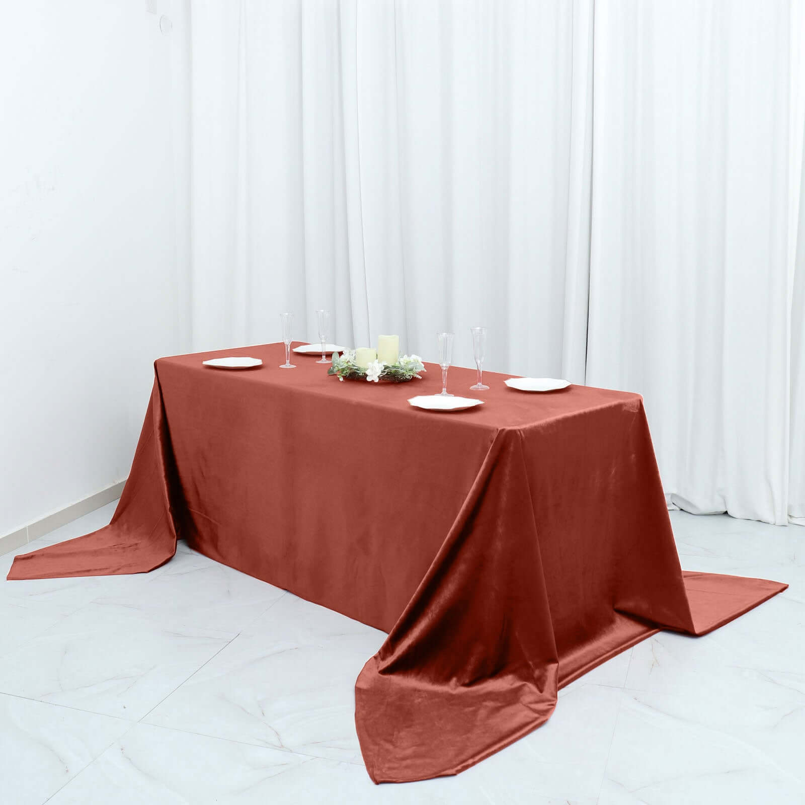 Premium Velvet 90x156 Rectangle Tablecloth Terracotta (Rust) - Reusable Soft & Seamless Table Cover