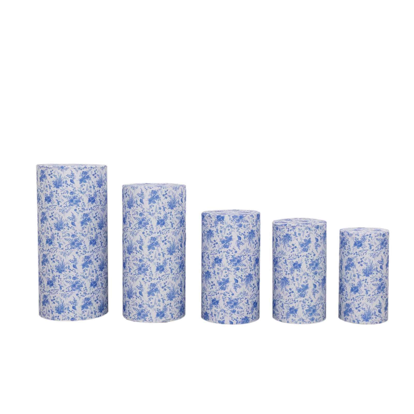 Set of 5 White Blue Spandex Cylinder Pedestal Stand Covers in French Toile Floral Pattern, Stretchable Pillar Prop Covers - 160 GSM