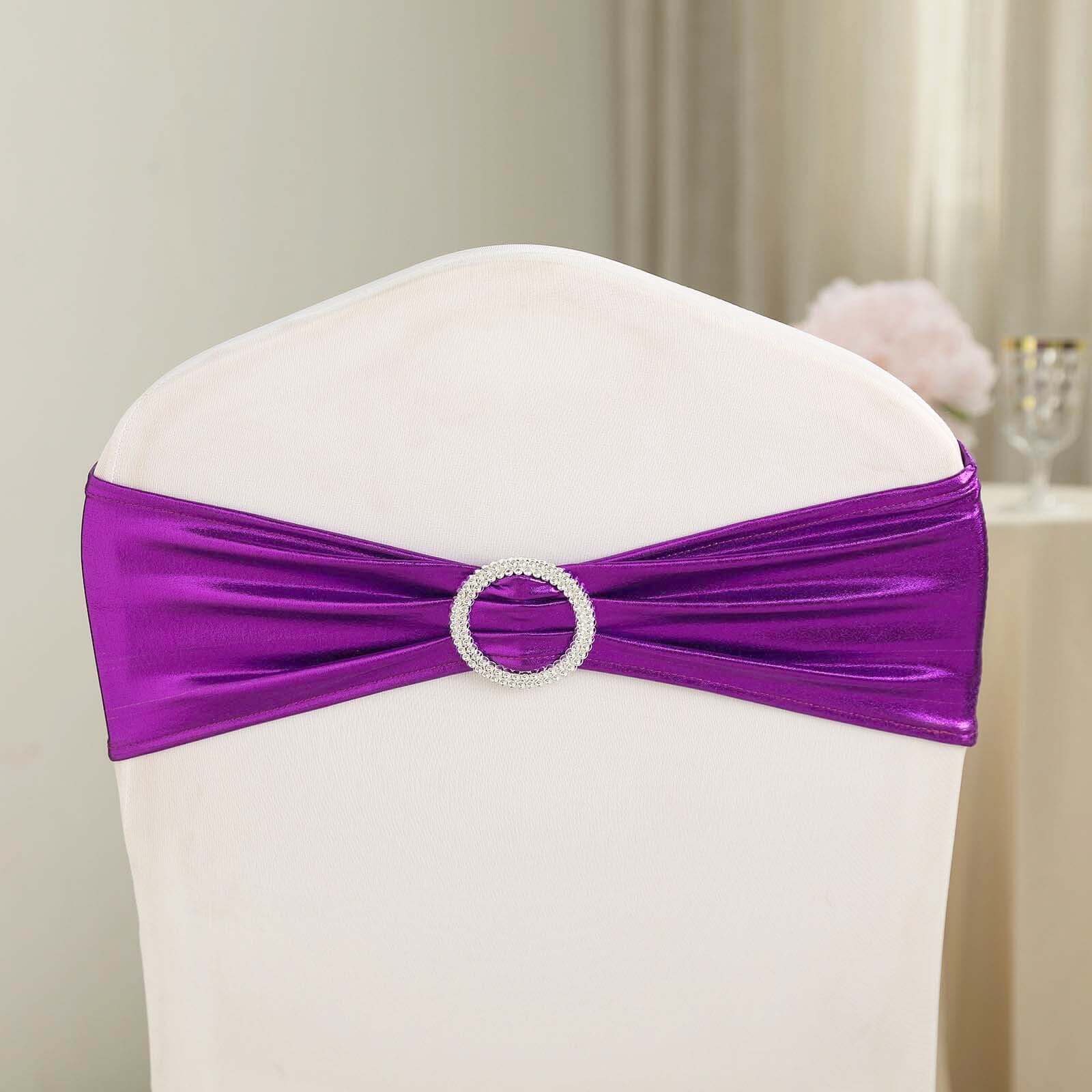 5 Pack Metallic Spandex Chair Sashes Purple - Stretch Fit Chair Bands With Round Diamond Buckles