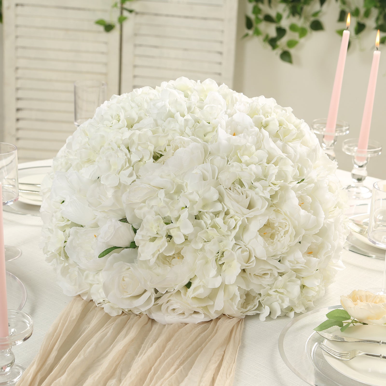 Pre-Arranged Silk Rose Bouquet Floral Arrangement Table Decor, Large Ivory Artificial Rose Flower Balls Wedding Centerpieces - 20