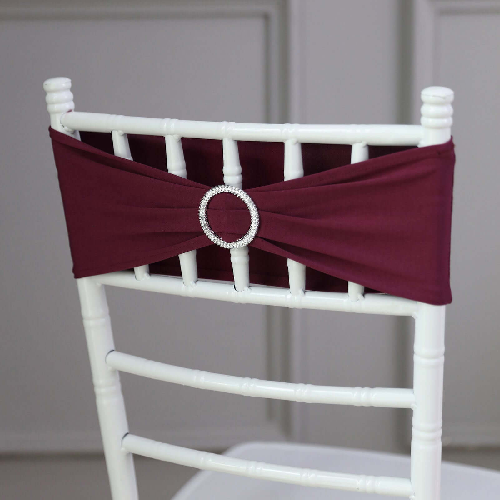 5 Pack Stretch Spandex Chair Sashes Burgundy - Reusable Chair Bands with Silver Diamond Ring Slide Buckle 5x14