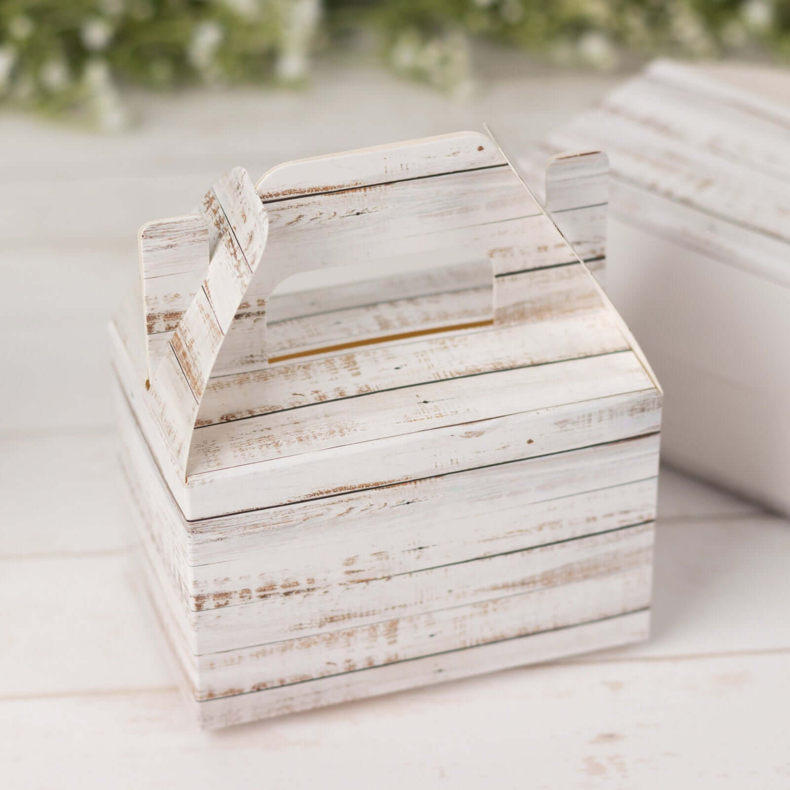 25 Pack Rustic White Candy Gift Tote Gable Boxes With Wood Plank Pattern, Party Favor Treat Boxes - 4x2.5x4.5