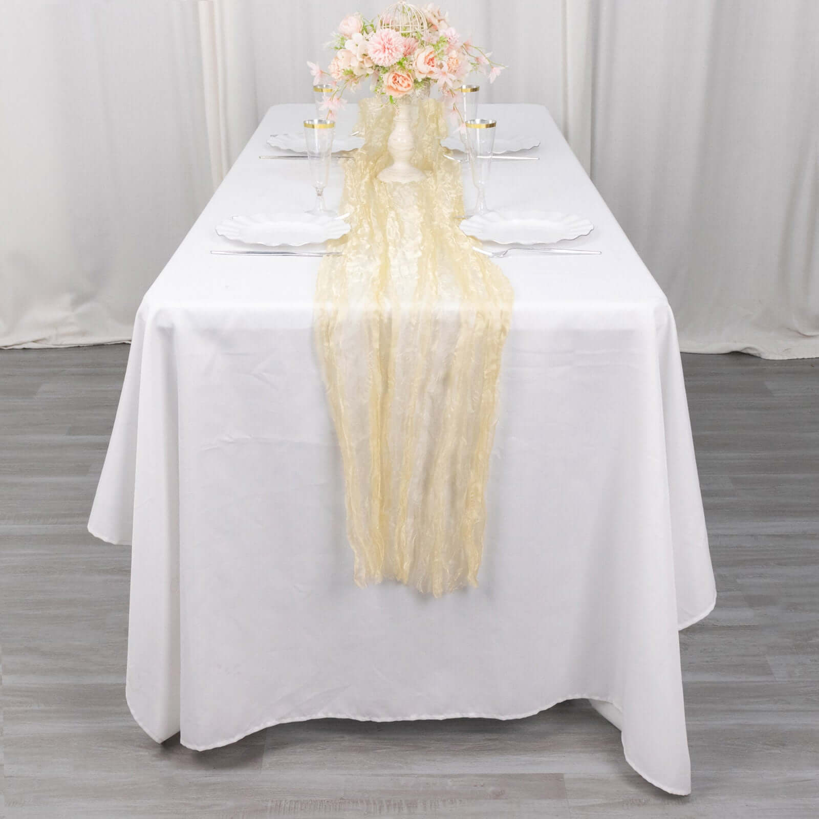 Sheer Crinkled Organza 9ft Table Runner Champagne - Rustic Chiffon Look