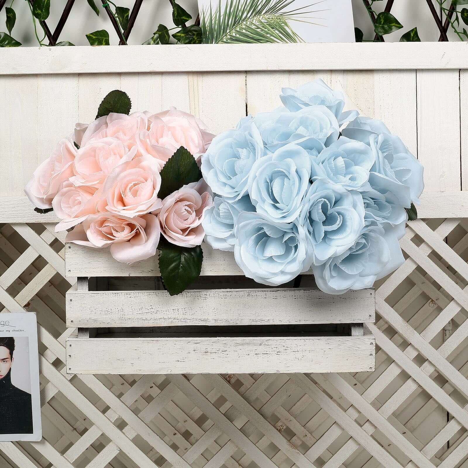 12 Ice Blue Artificial Velvet-Like Fabric Rose Flower Bouquet Bush