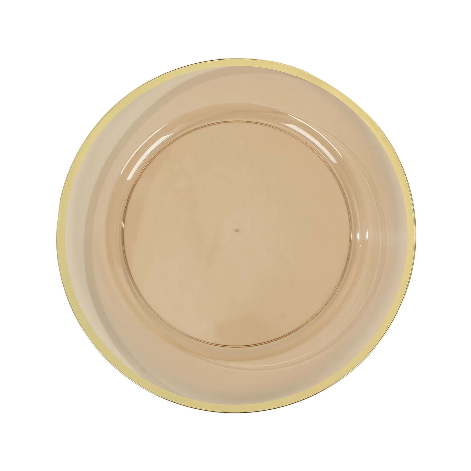 10-Pack Economy Plastic Round Charger Plates 12 in Transparent Amber Gold with Wide Gold Rim, Decorative Dinner Party Serving Plates