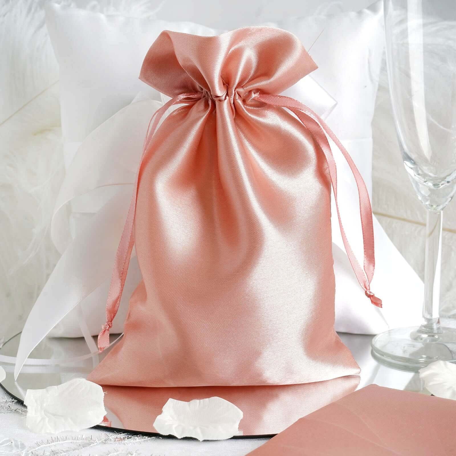 12 Pack 6x9 Dusty Rose Satin Wedding Party Favor Bags, Drawstring Pouch Gift Bags