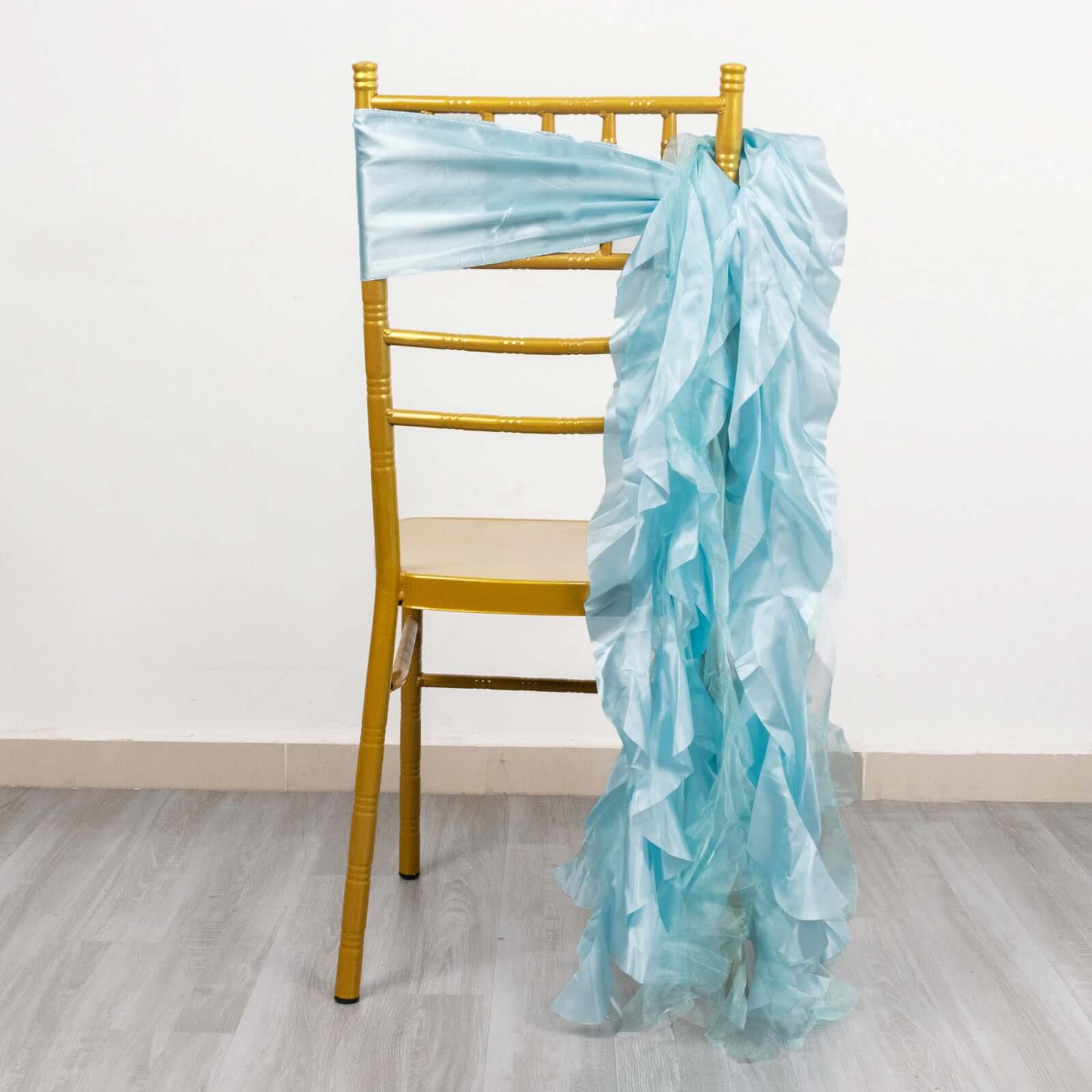 5 Pack Chiffon Satin Chair Sashes Light Blue - Easy to Install Ruffled Curly Willow