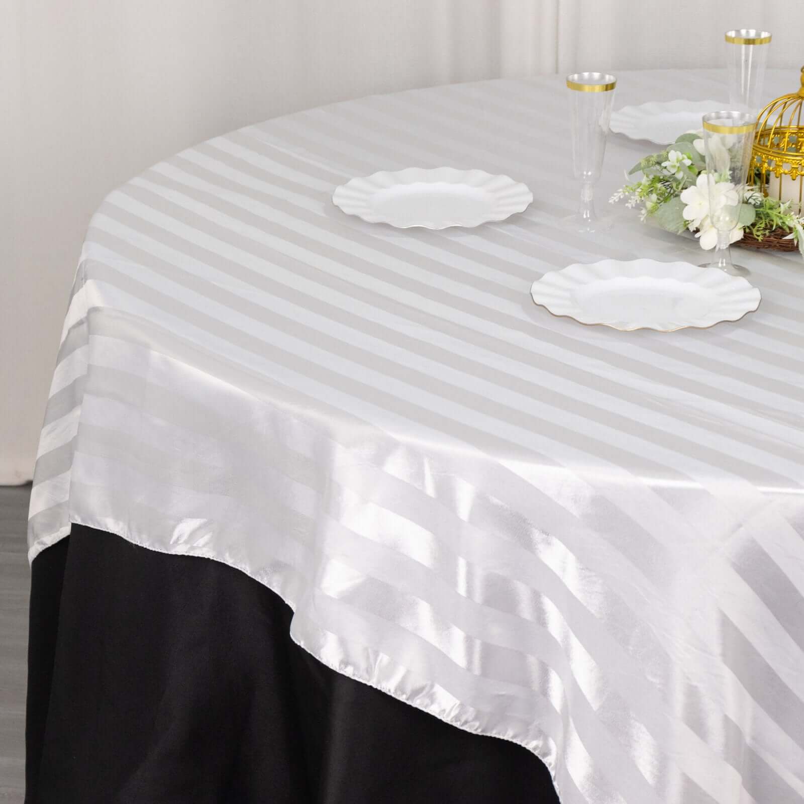 Satin 72x72 Table Overlay Square Tablecloth White - Stripe Design for Stylish Celebrations