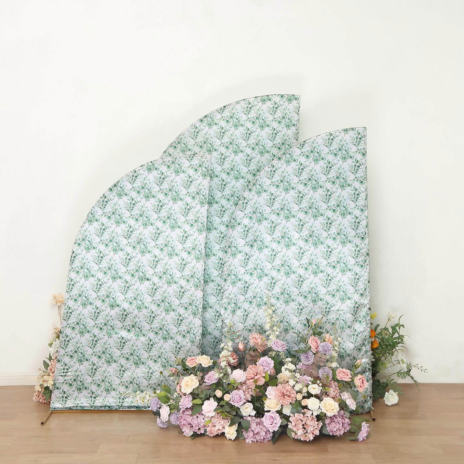 Set of 3 White Green Satin Chiara Wedding Arch Covers With Eucalyptus Leaves Print, Fitted Covers For Half Moon Backdrop Stands - 5ft, 6ft, 7ft