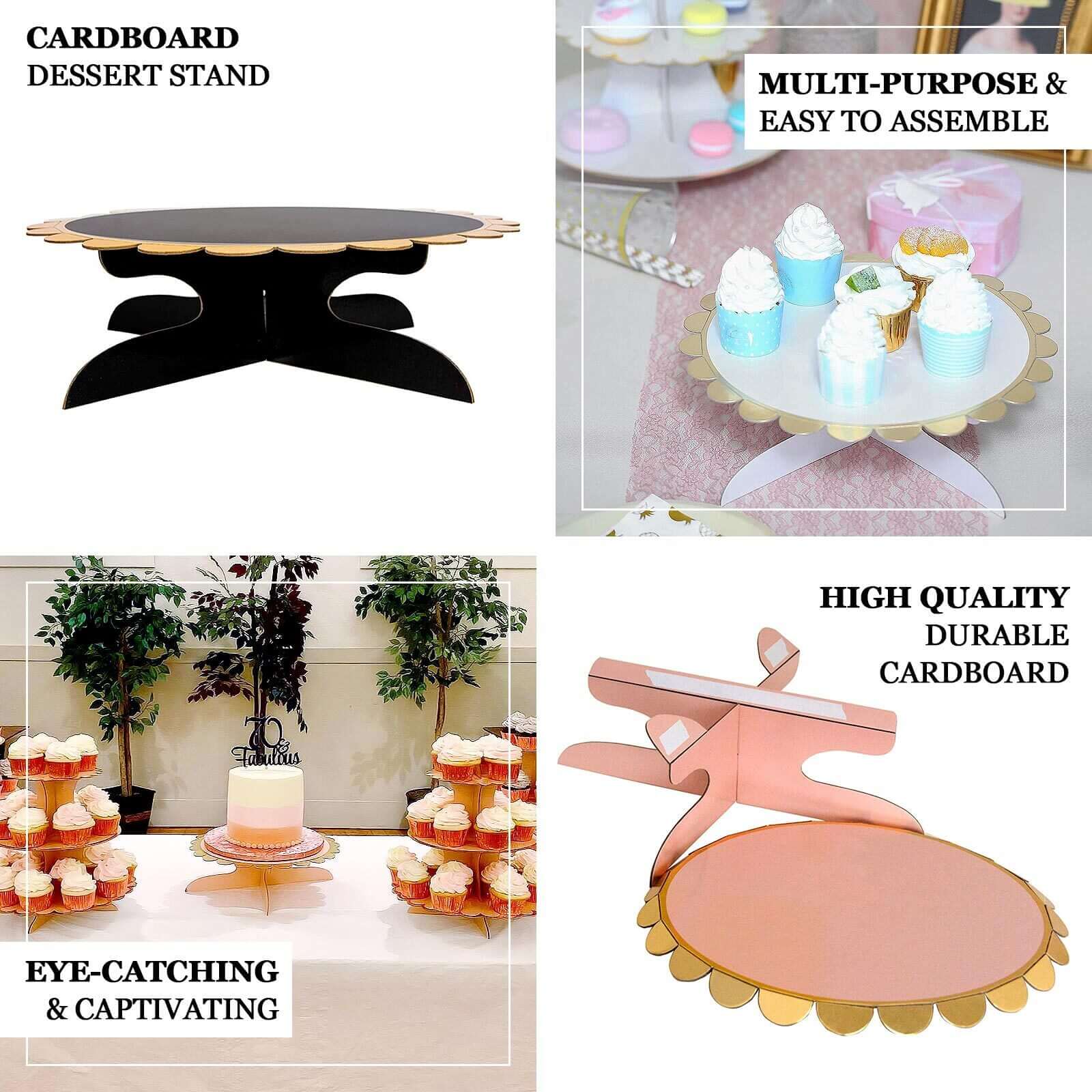 1-Tier Cardboard Cake Stand Black - Stylish Reusable Cupcake Dessert Holder with Gold Scalloped Rim for Baby Showers Birthdays & Events 13