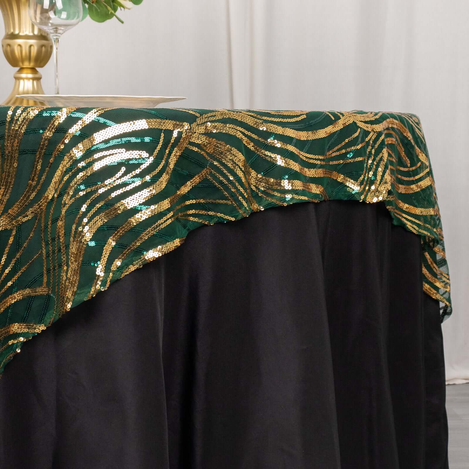 Mesh 72x72 Table Overlay Square Tablecloth Hunter Emerald Green - Wave Embroidered Sequins Table Topper