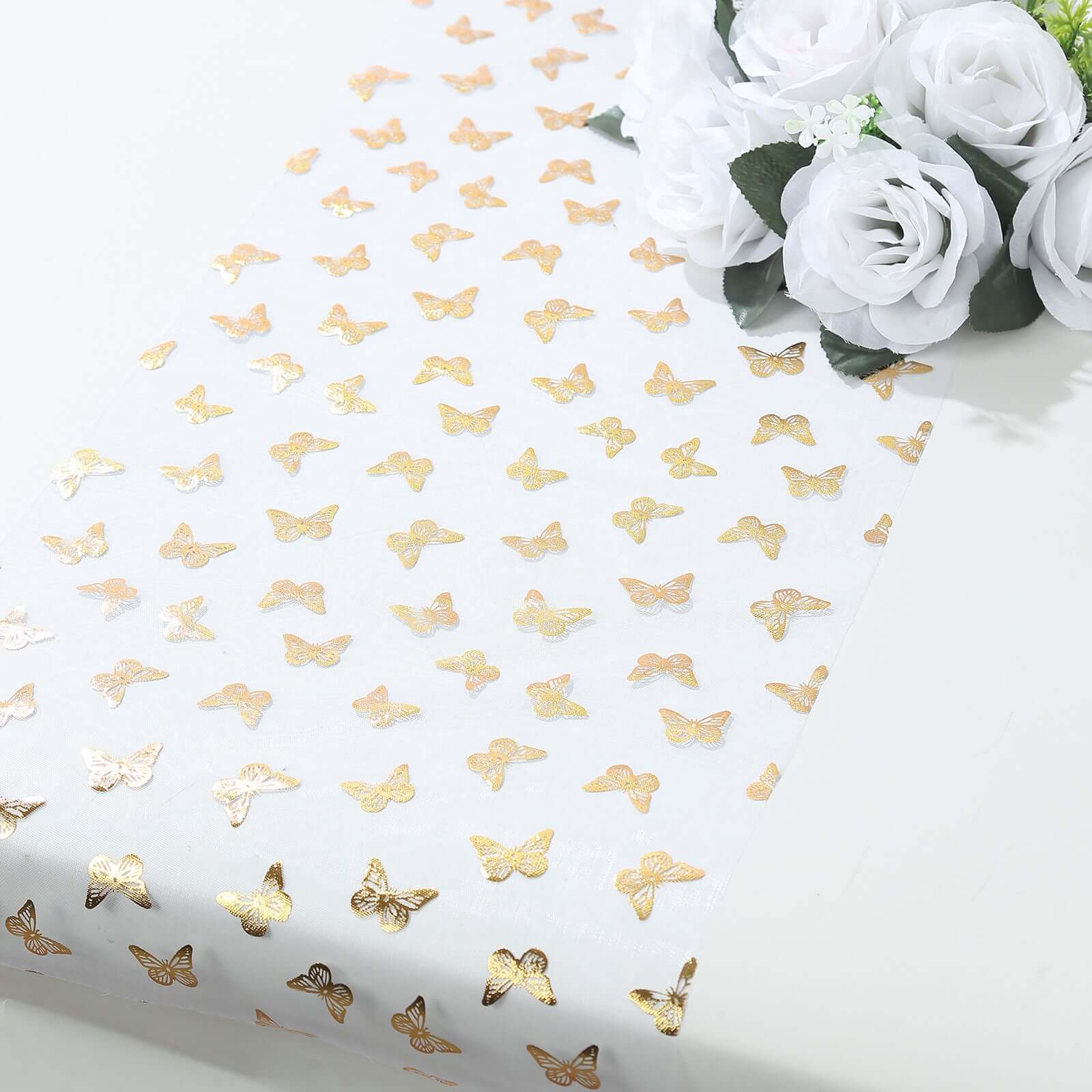 5 Pack Sheer Organza 11x108 Table Runner Rolls White Disposable with Metallic Gold Foil Butterflies Motifs