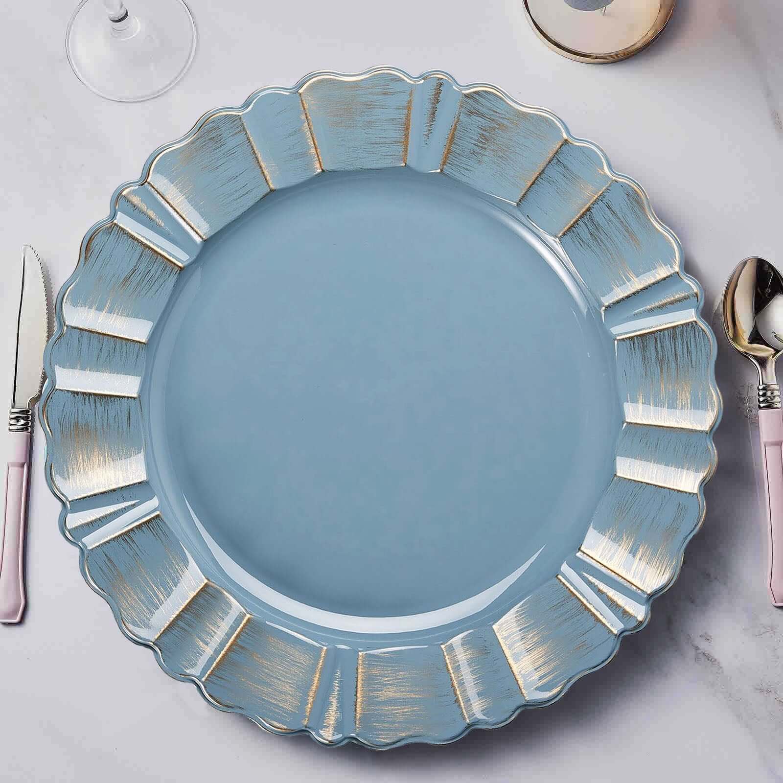 6-Pack Acrylic Plastic Round Charger Plates 13 in Dusty Blue with Gold Brushed Wavy Scalloped Rim, Decorative Dinner Party Charger Tableware