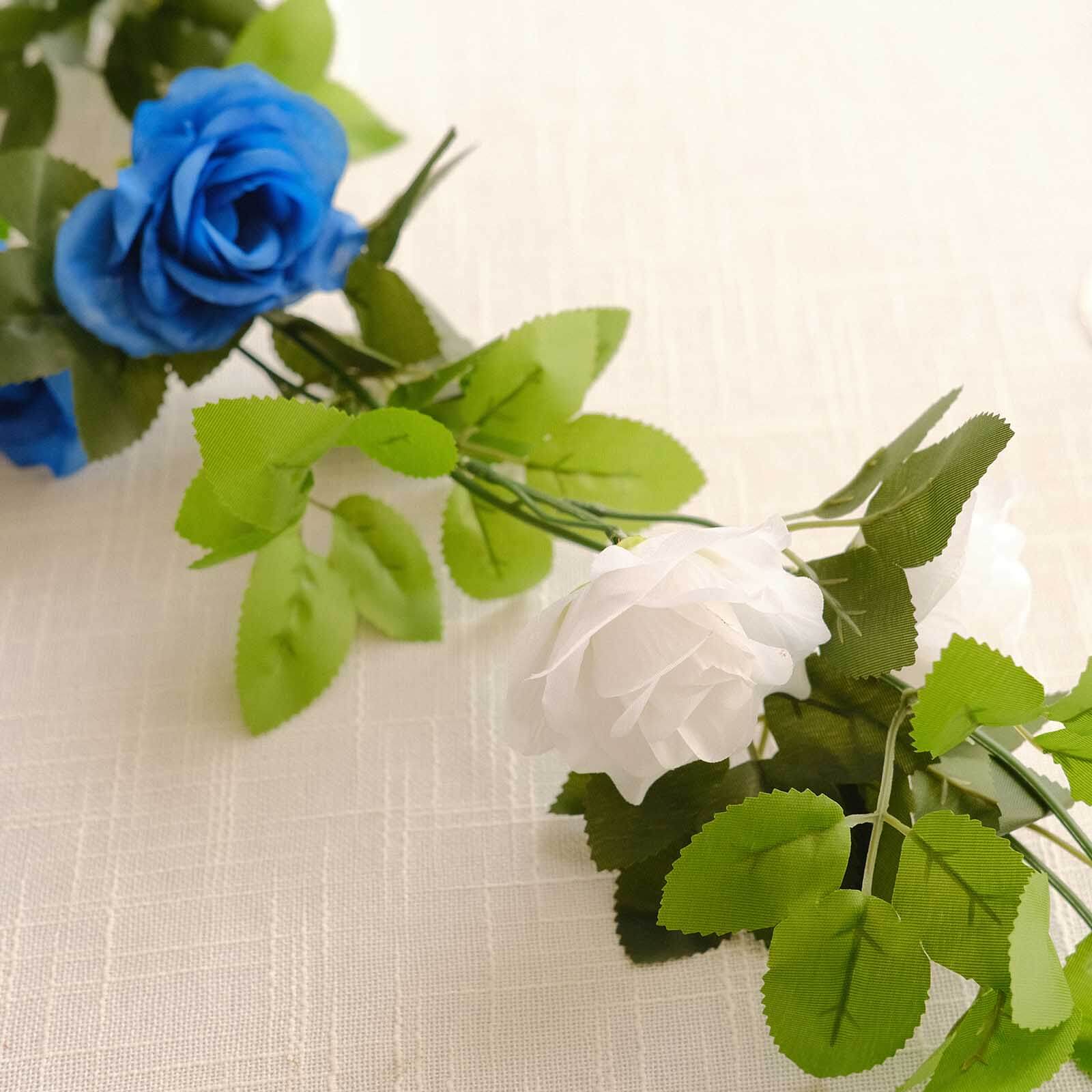 2 Pack 7ft White Royal Blue Artificial Silk Flower Garland Mini Rose Vines with 26 Flower Heads