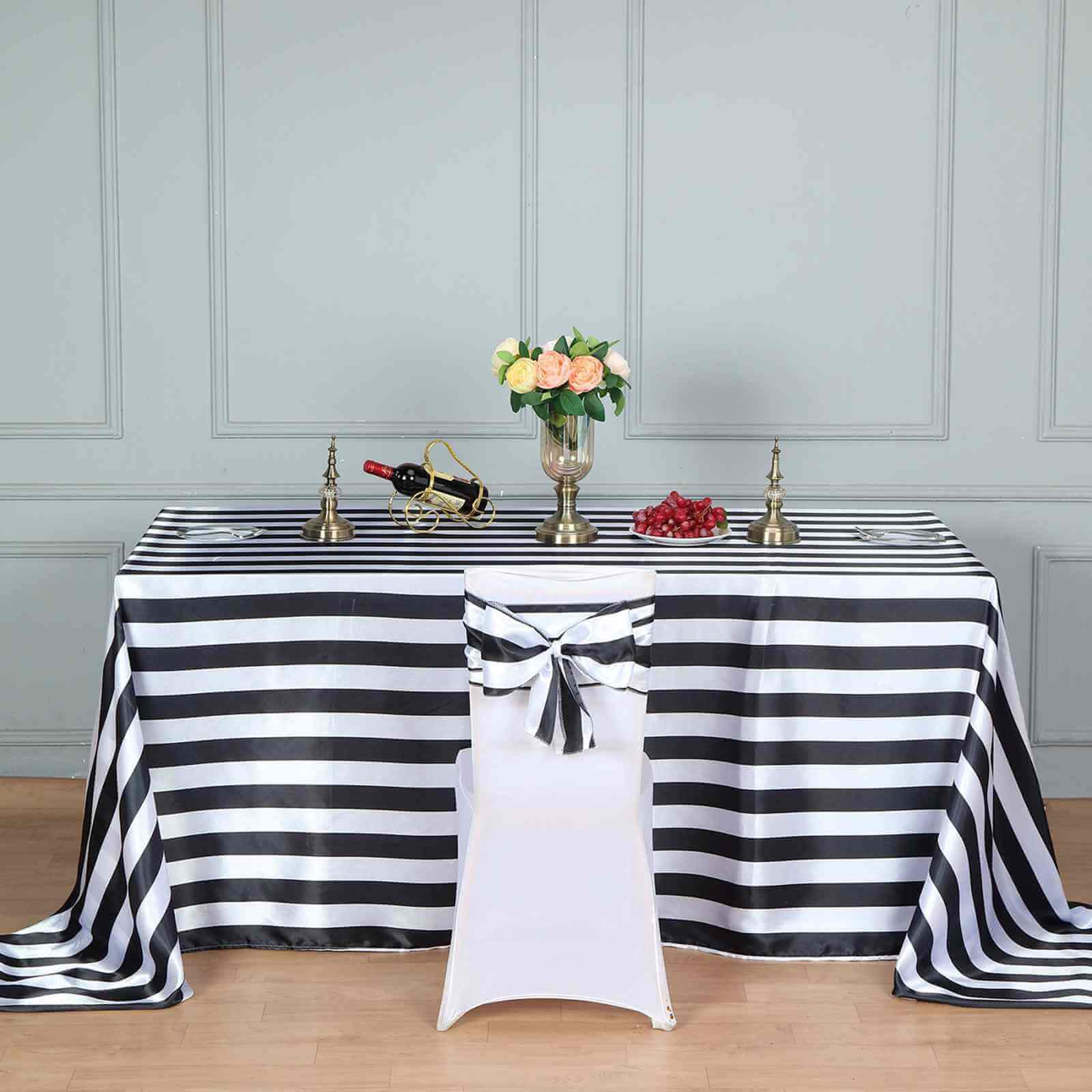 5 Pack Satin 6x108 Chair Sashes Black/White Stripes - Sophisticated Decor for Weddings & Gatherings