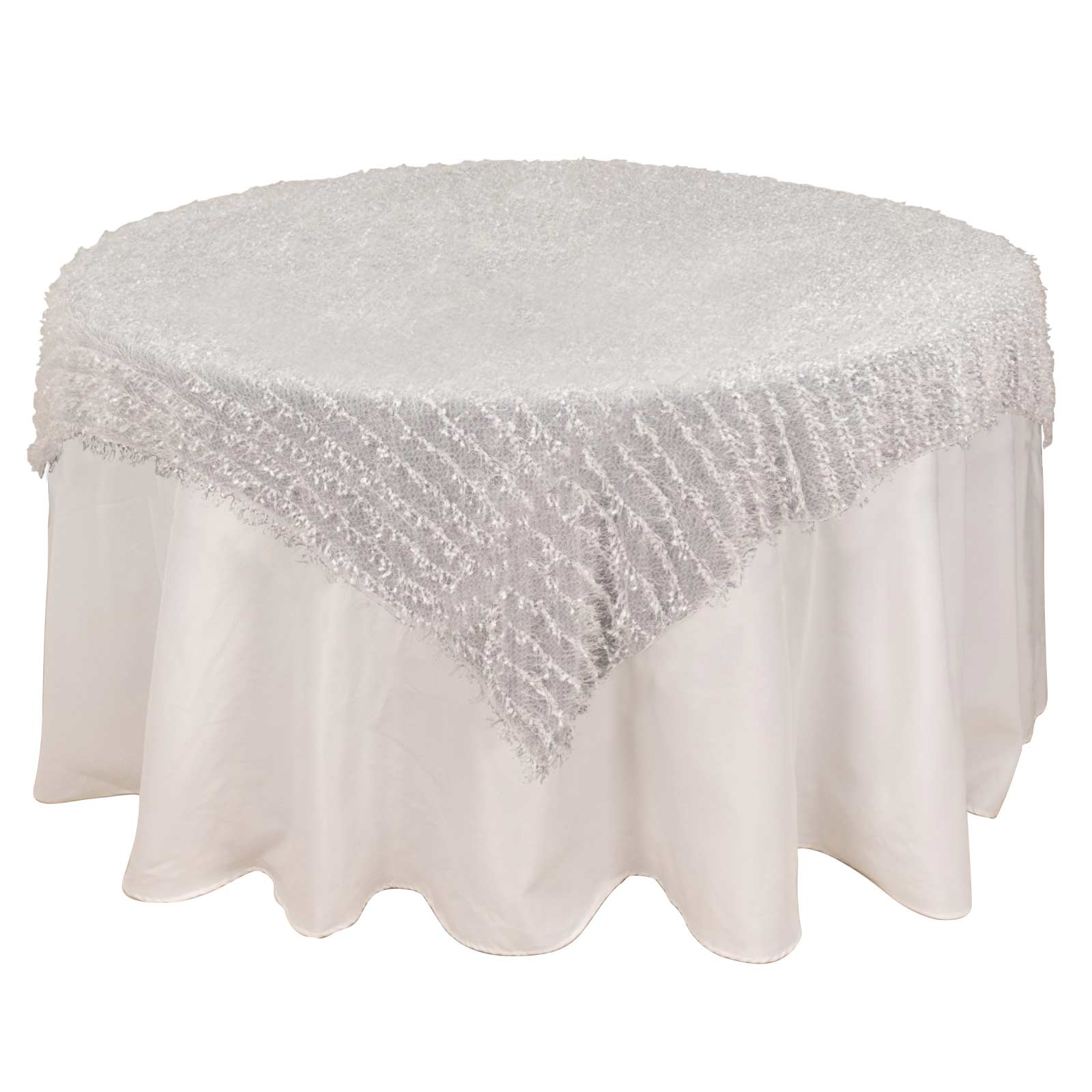 Polyester 72x72 Table Overlay Square Tablecloth White Fringe Shag Design for Stylish Celebrations