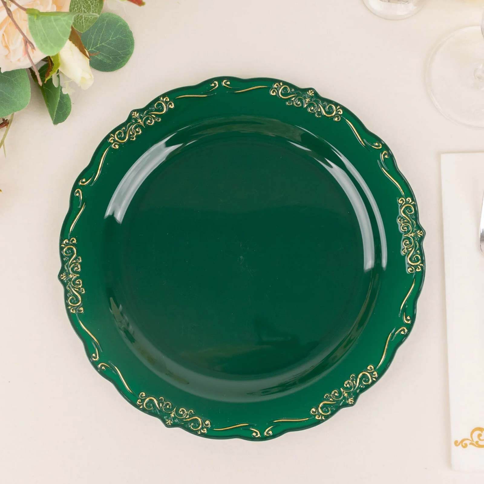 10-Pack Plastic 10 Round Dinner Plates in Hunter Emerald Green with Gold Vintage Embossed Rim - Sturdy Disposable Scalloped Edge Party Plates