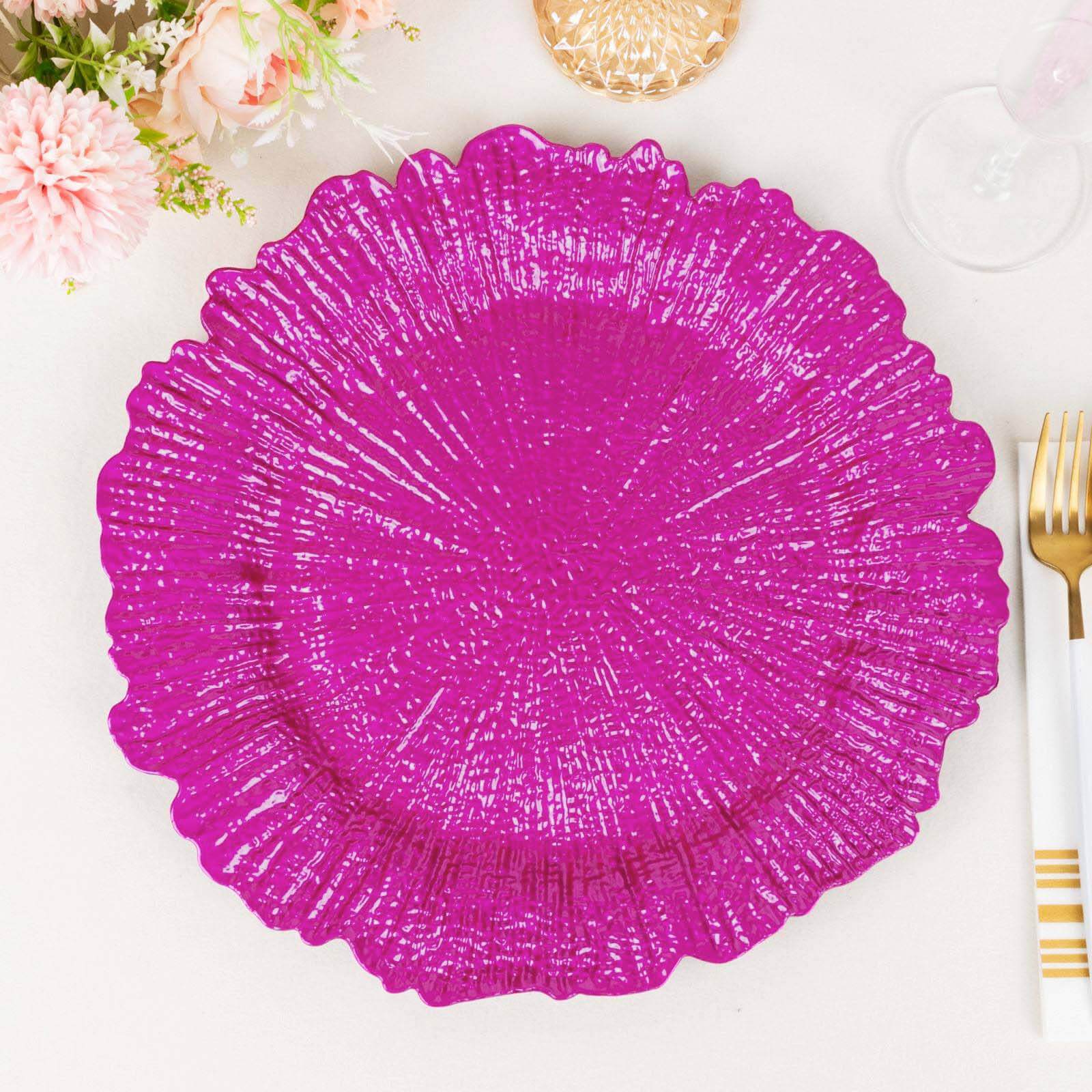 6-Pack Acrylic Plastic Round Charger Plates 13 in Fuchsia with Reef Design, Dinner Charger Tableware