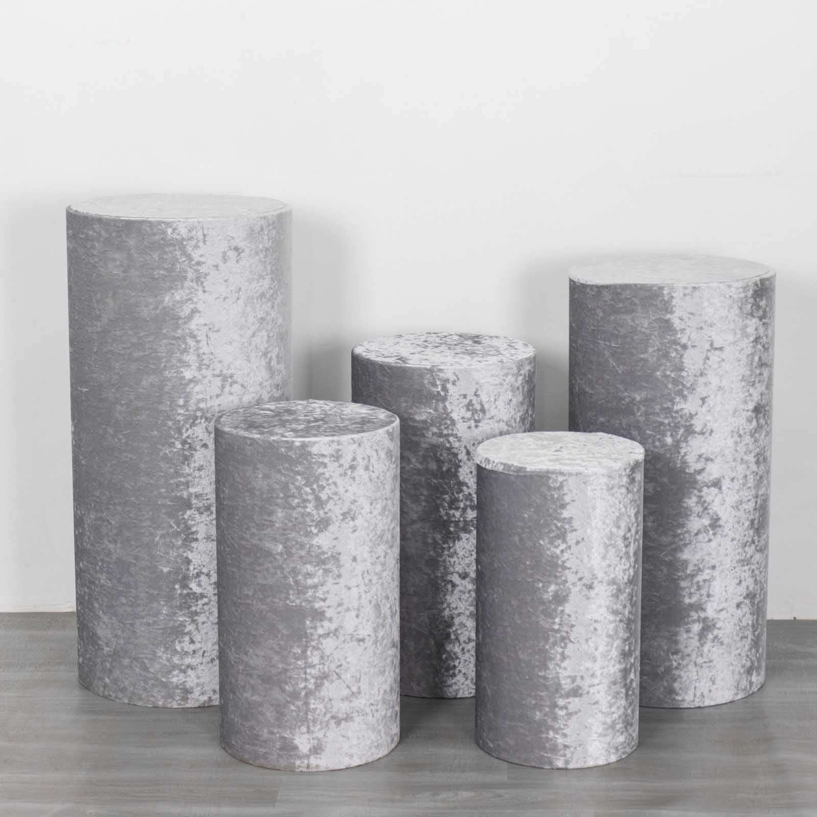 Set of 5 Silver Crushed Velvet Cylinder Pedestal Stand Covers, Premium Pillar Prop Covers