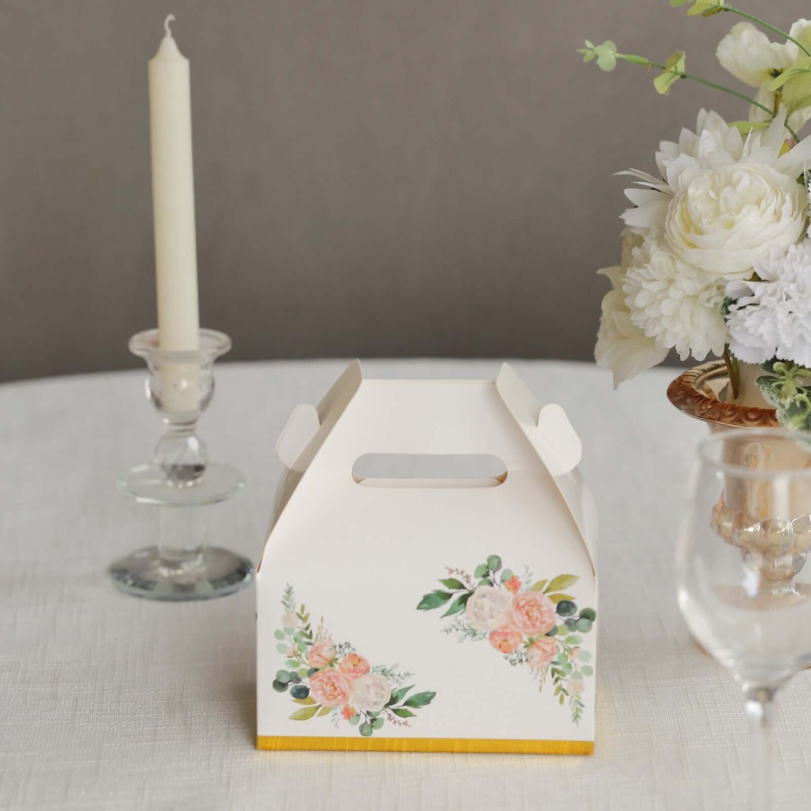 25 Pack White Pink Peony Flowers Print Candy Gift Tote Gable Boxes with Gold Edge, Party Favor Treat Boxes - 6x3.5x7