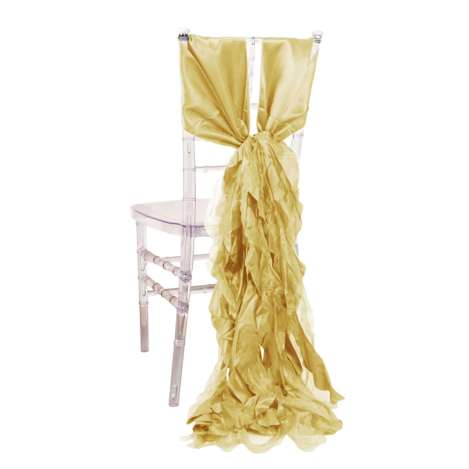 5 Pack Chiffon Satin Chair Sashes Champagne - Easy to Install Ruffled Curly Willow