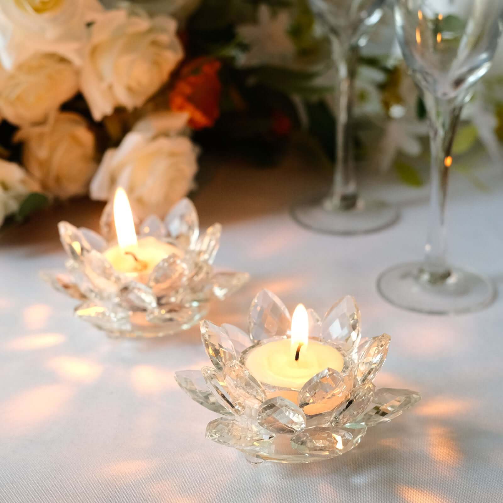 2 Pack Clear 4.5 Crystal Glass Lotus Flower Votive Candle Holders, Tealight Taper Candle Stands