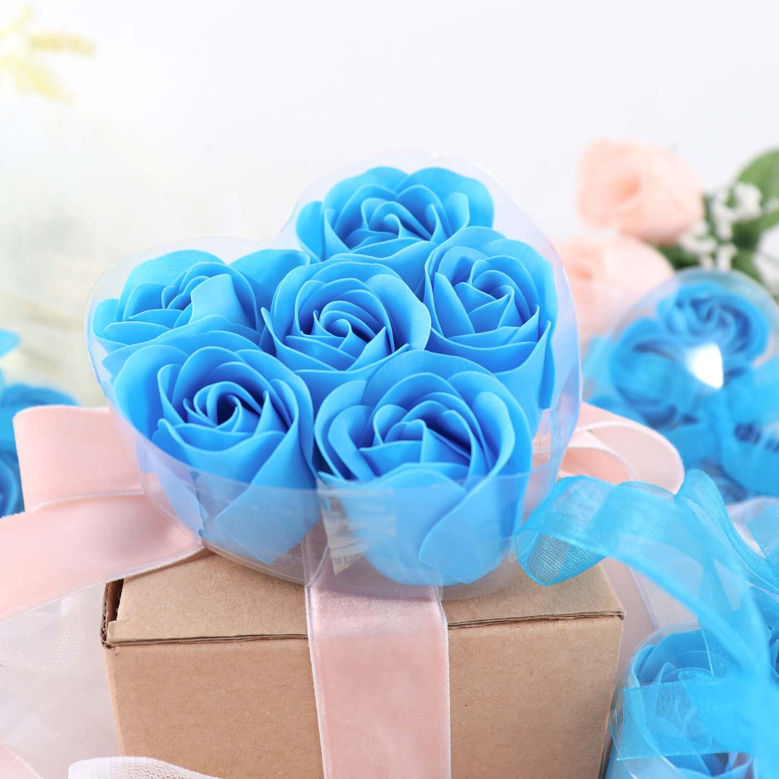 6 Pcs Turquoise Scented Rose Soap Heart Shaped Party Favors With Gift Box And Ribbon