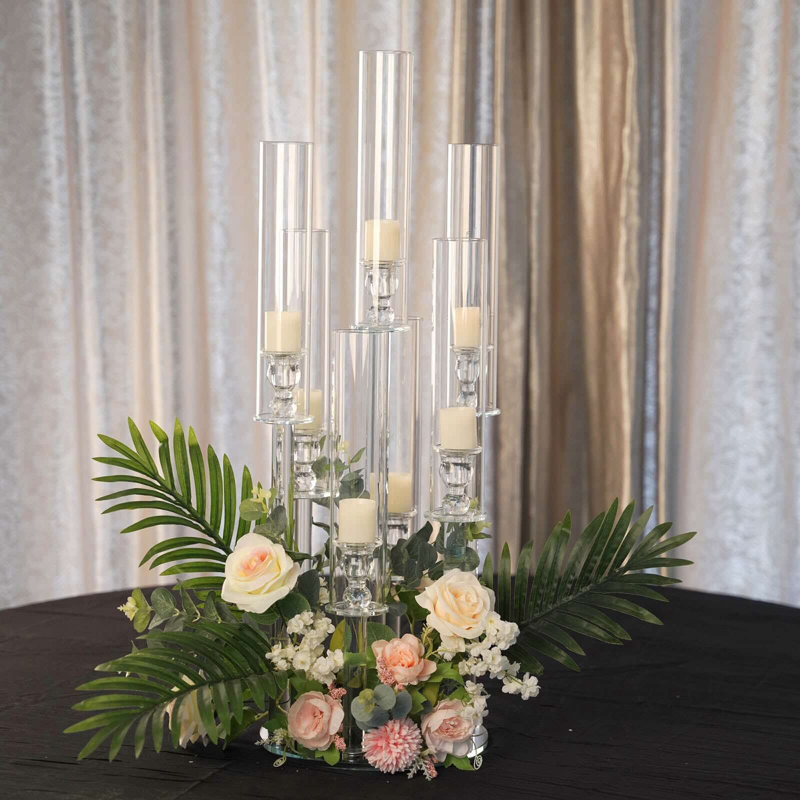 7-Arm Round Taper Crystal Candelabra with Mirror Base Clear - Lustrous Candle Holder Table Centerpiece for Votive & Pillar Candles 33