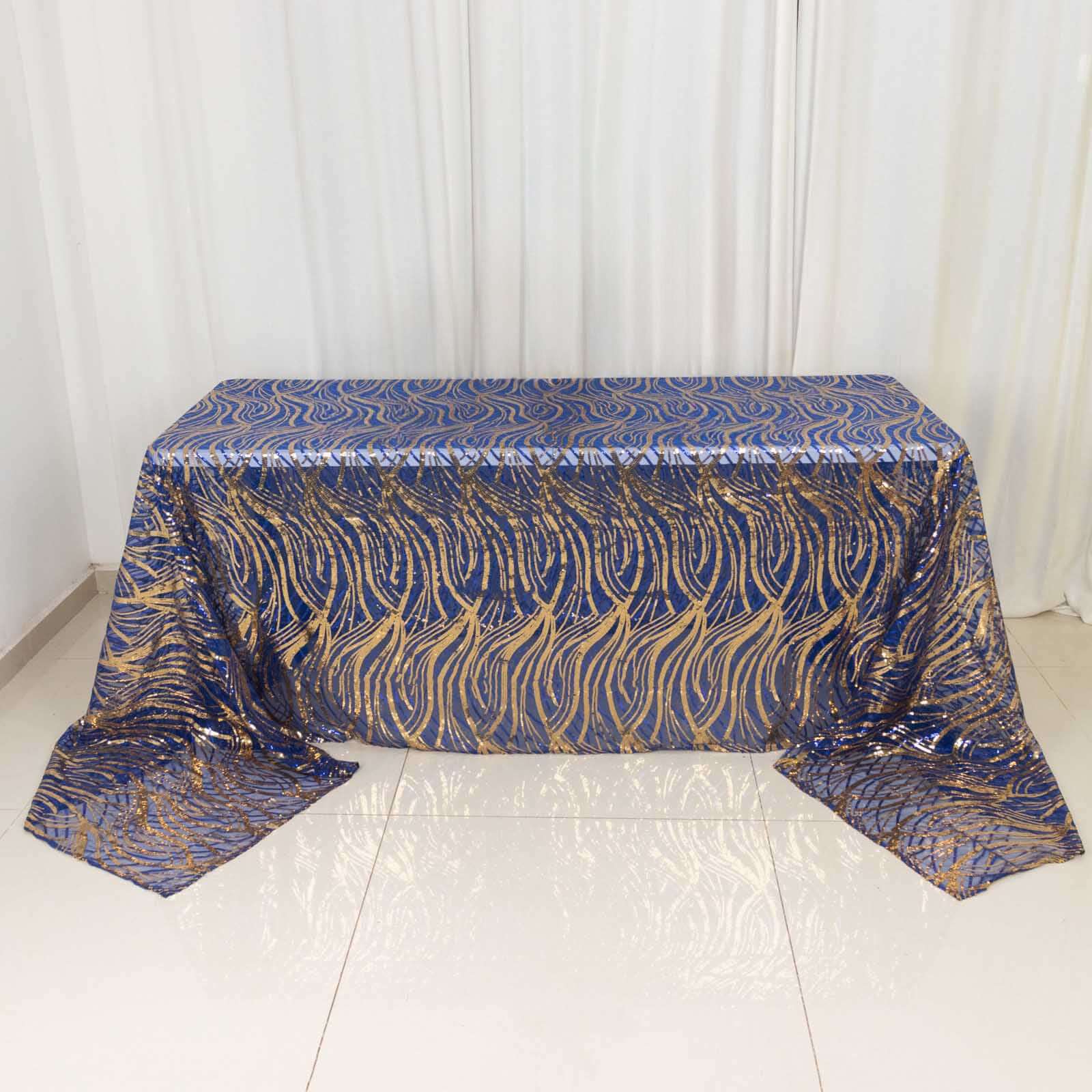 Mesh 90x156 Rectangle Tablecloth Royal Blue/Gold - Wave Sequin Embroidered Table Cover