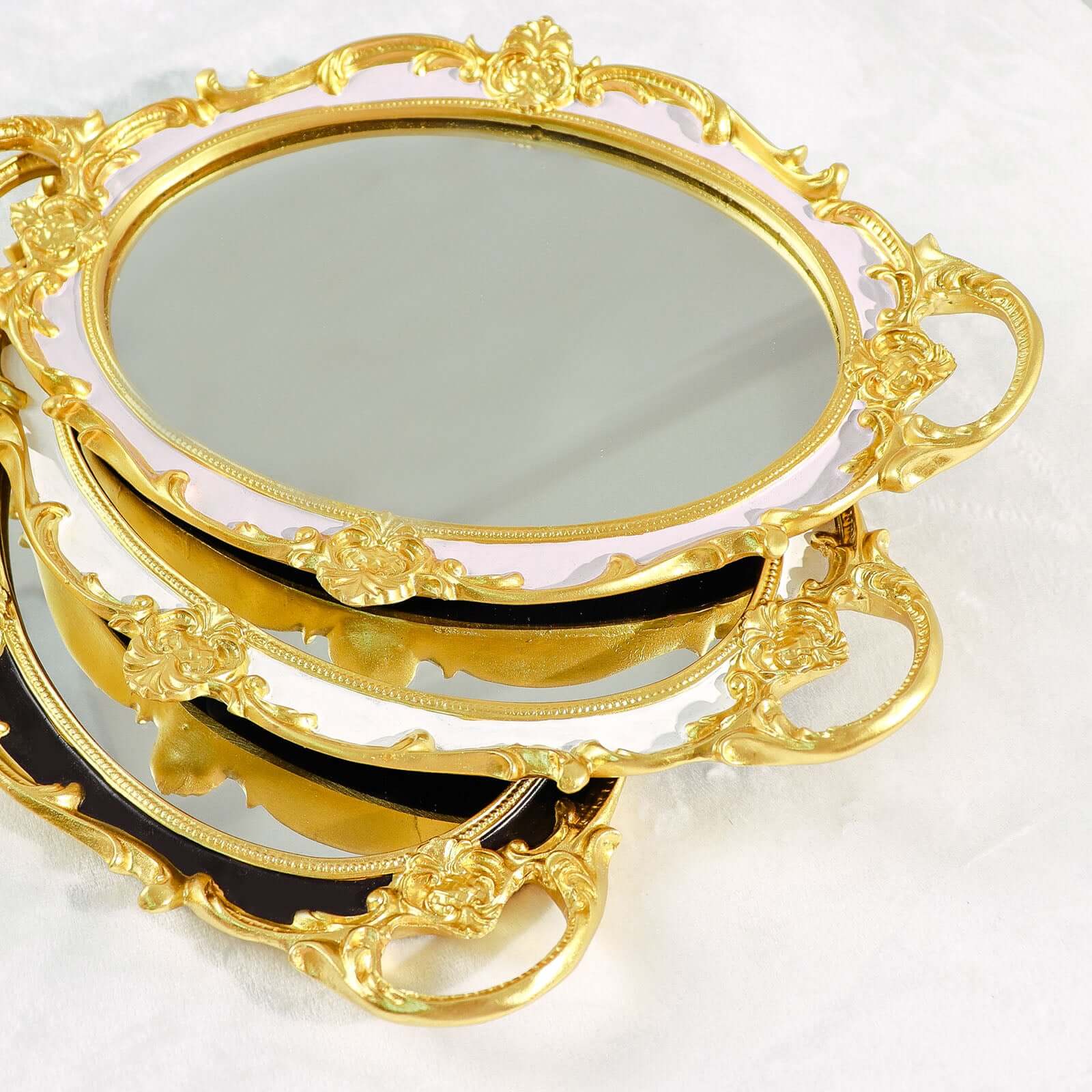 Resin Mirrored Vanity Oval Serving Tray 14x10 in White with Metallic Gold Baroque Design, Stylish Decorative Vanity Tray Centerpiece