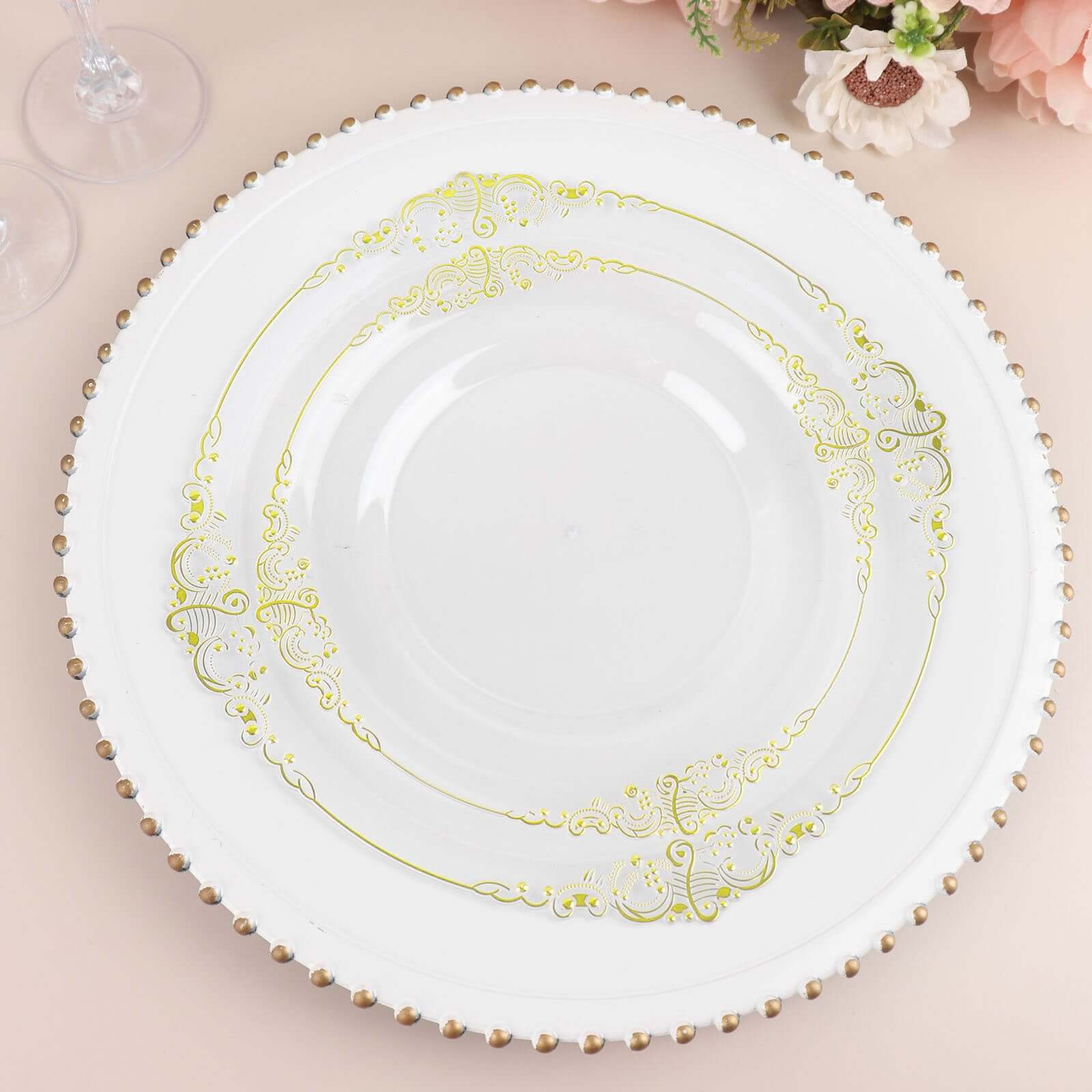 10-Pack Plastic 10 Round Dinner Plates in Clear with Gold Leaf Embossed Rim - Disposable Vintage Baroque Style Plates
