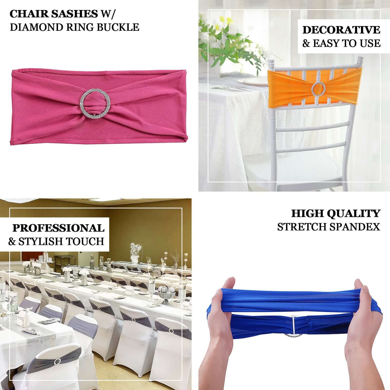 5 Pack Stretch Spandex Chair Sashes White - Classy Reusable Chair Bands with Silver Diamond Ring Slide Buckle 5x14