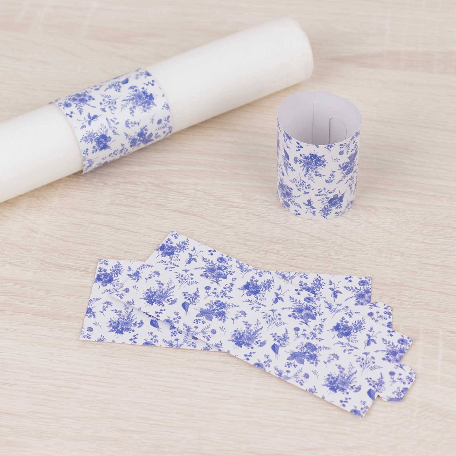 50 Pack White Blue Paper Napkin Holder Bands in French Toile Floral Pattern, Disposable Napkin Rings - 1.5