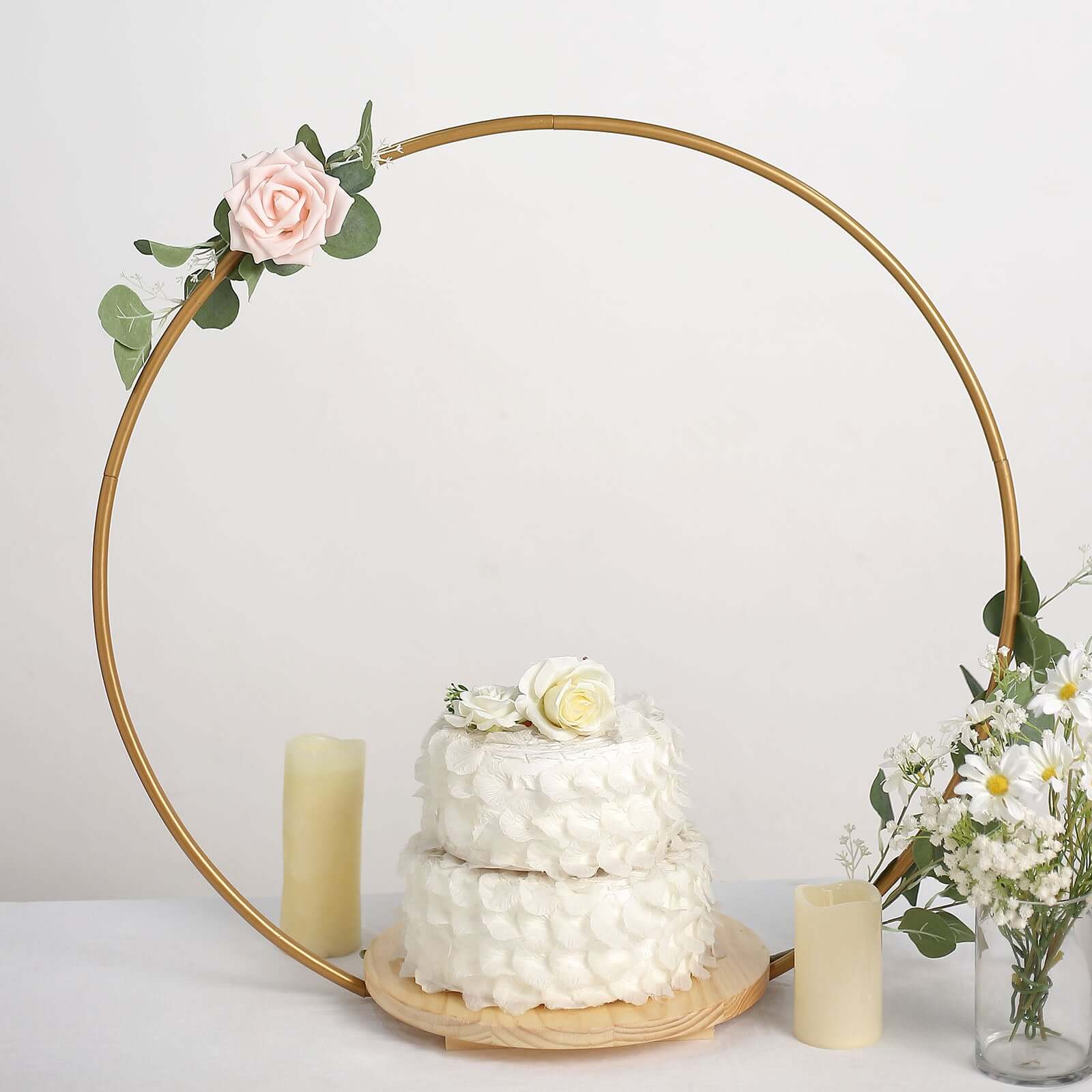 Metal Round Floral Hoop Cake Stand Gold - Chic Geometric Dessert Display DIY Centerpiece Table Decoration With Wooden Base 33