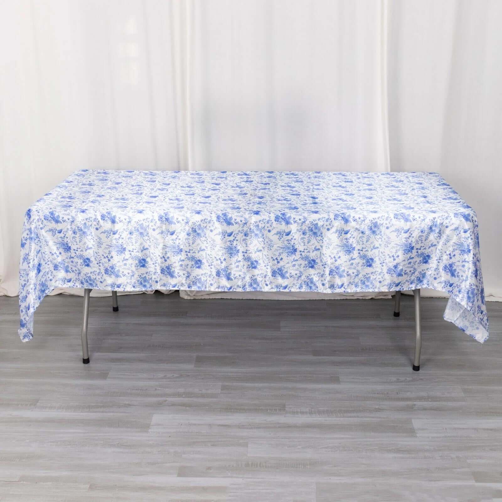 Satin Round 60x102 Tablecloth White/Blue French Toile Design - Stylish & Wrinkle-Resistant Table Cover