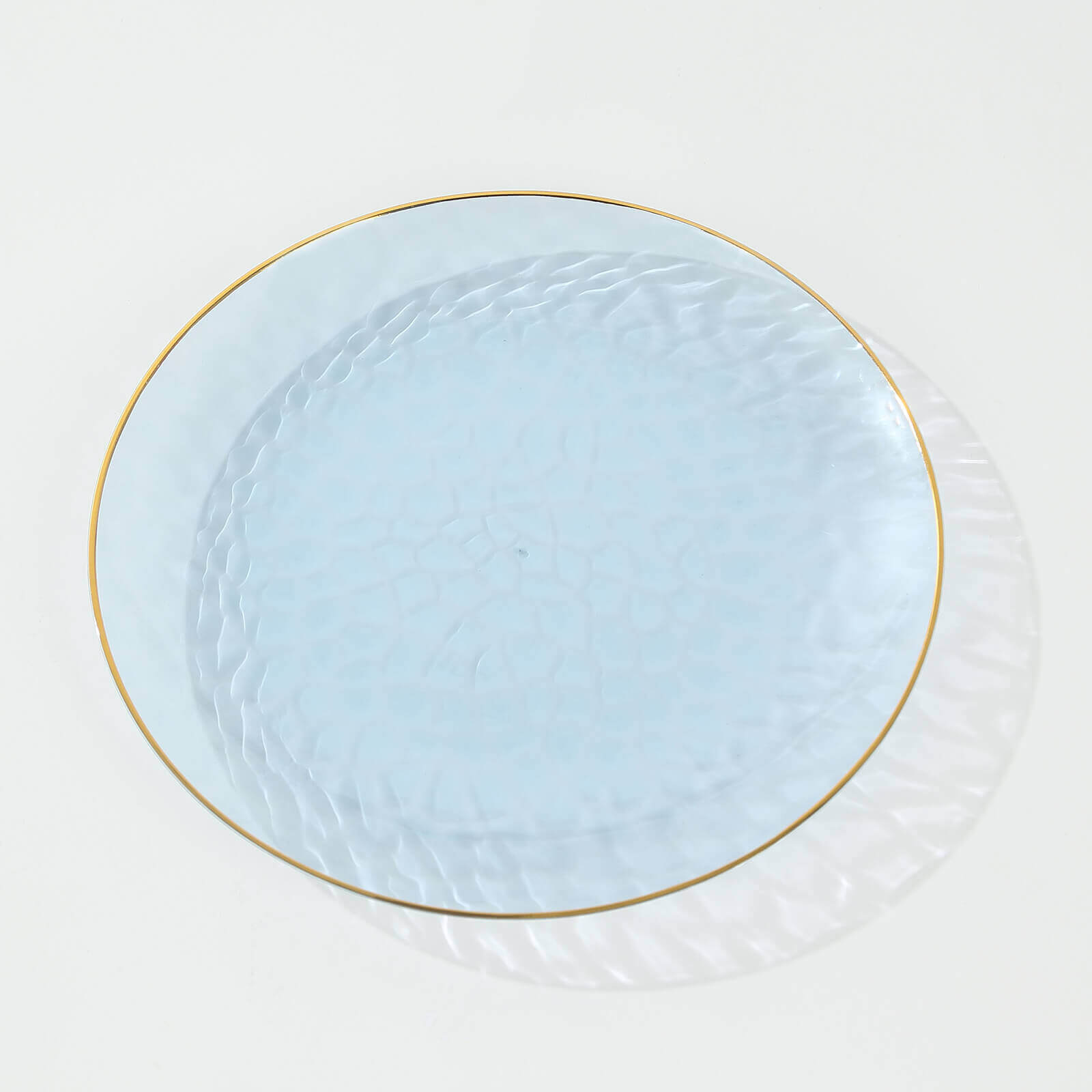 10-Pack Plastic 7 Round Dessert Appetizer Plates in Transparent Dusty Blue Hammered Design with Gold Rim - Modern Disposable Salad Plates