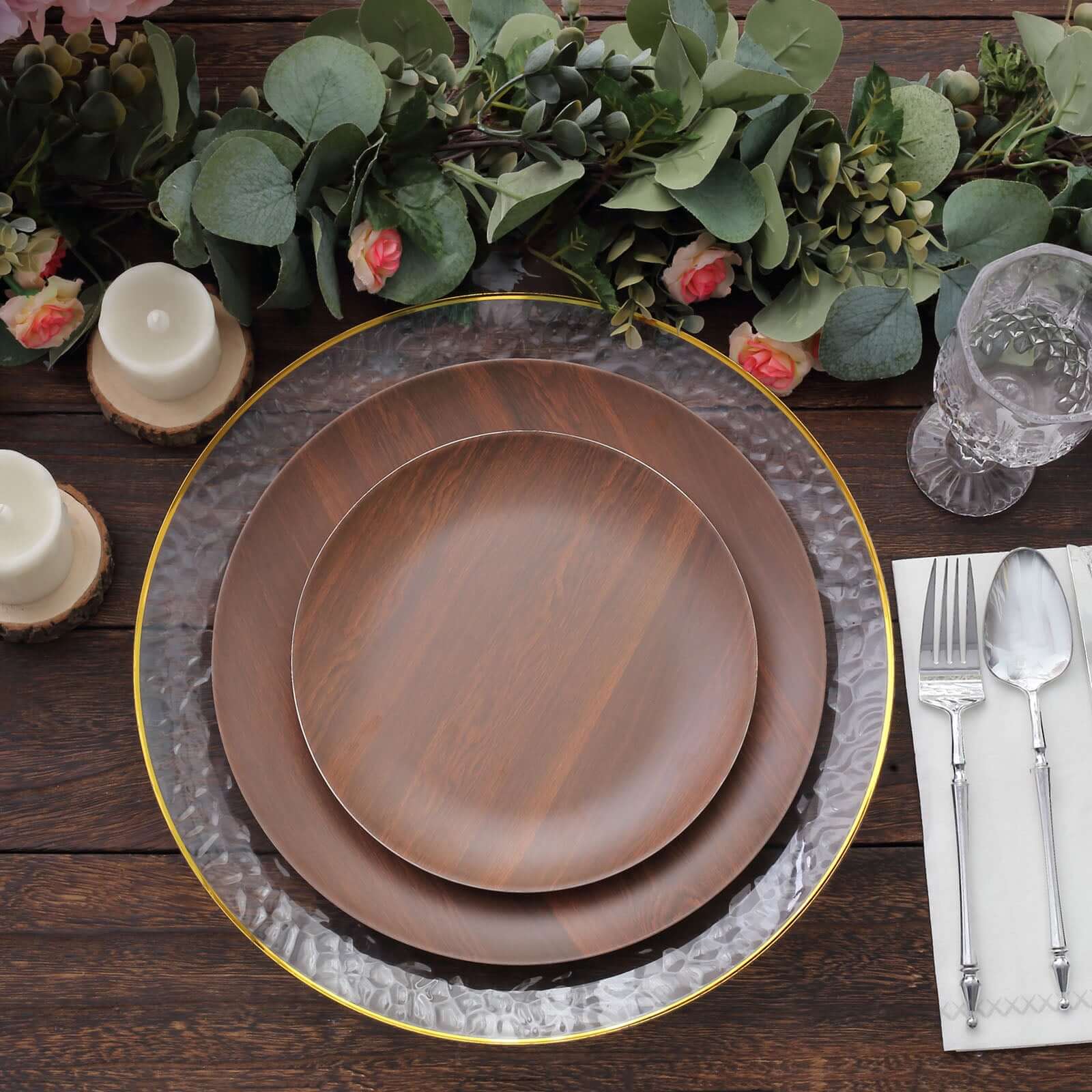 Pack of 6 Melamine 10 Round Dinner Plates in Brown Wood Grain Print - Disposable Shatterproof Party Plates for Rustic Farmhouse-Inspired Table Decor