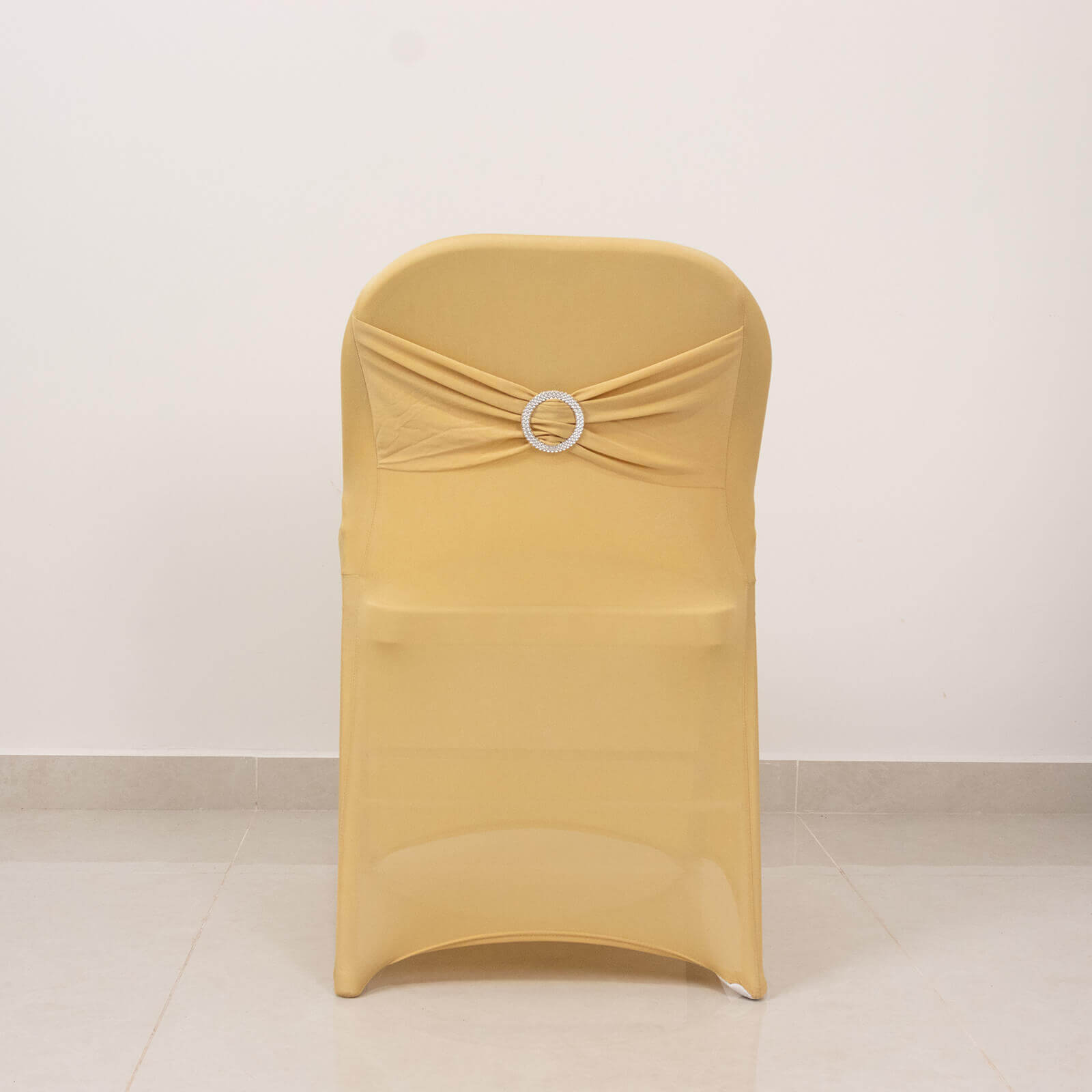 Stretch Spandex Chair Cover Champagne for Folding Chairs - Secure Fit Slipcover with Silver Rhinestone Buckled Sash Band