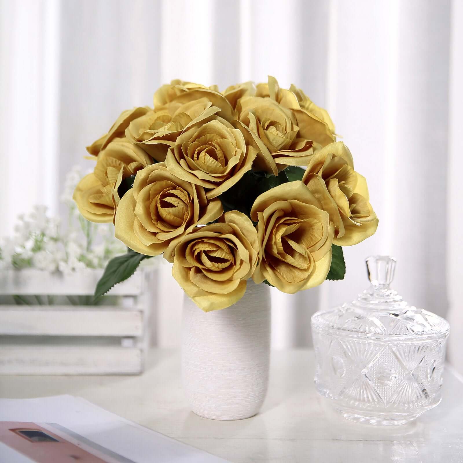 12 Gold Artificial Velvet-Like Fabric Rose Flower Bouquet Bush