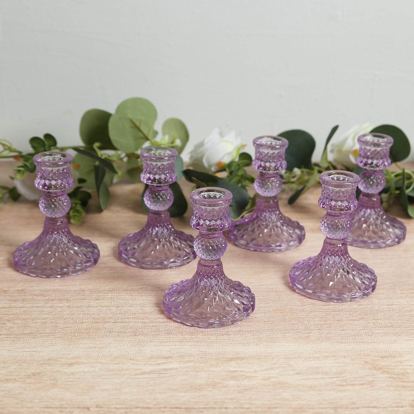 6-Pack Glass Taper Candlestick Holders Diamond Pattern Design Lavender Lilac - Reversible Crystal Pillar Votive Stands 4