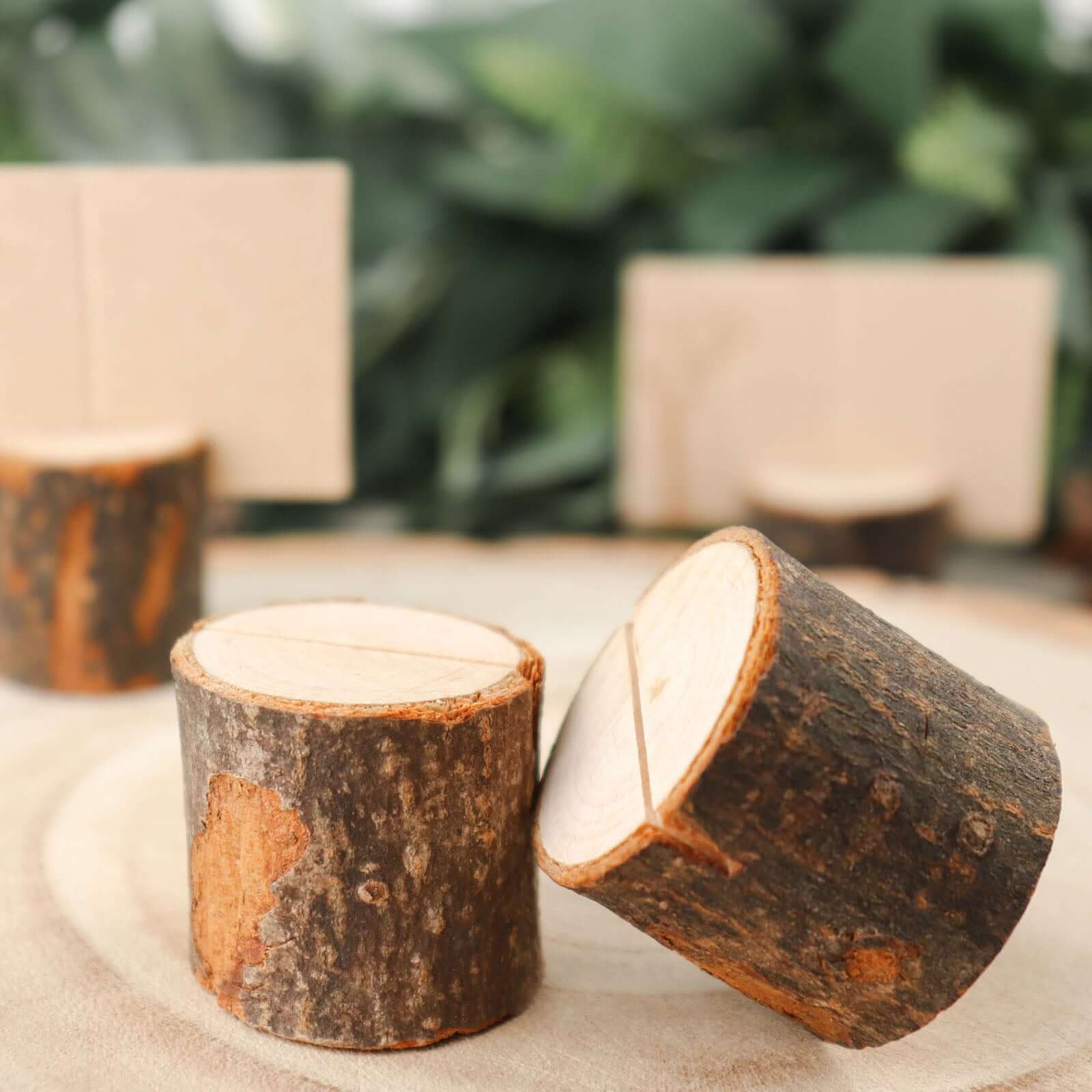 4-Pack Wood Stump Place Card Holders Rustic Natural Design - Boho Chic Decor for Tables