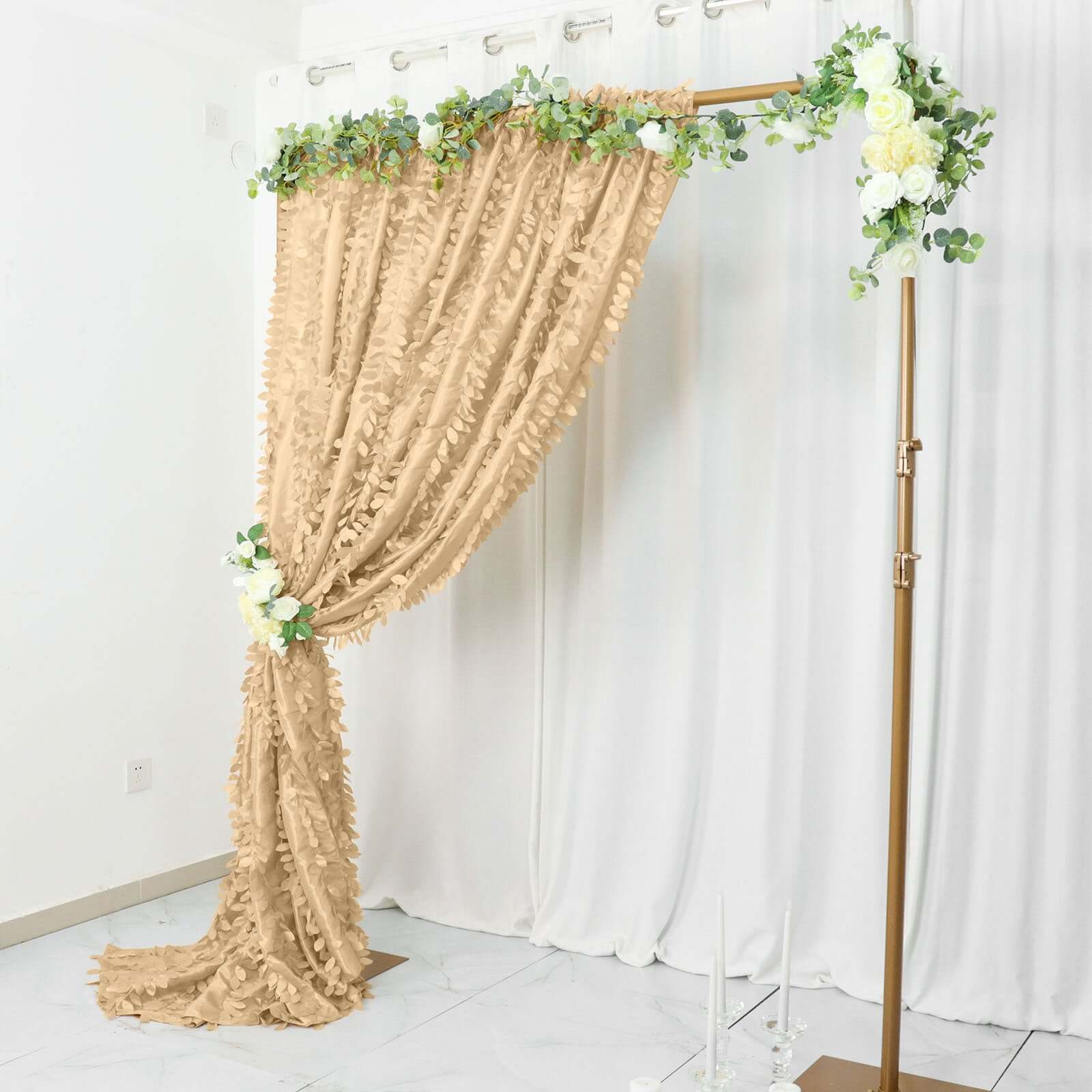 8ftx8ft Champagne 3D Leaf Petal Taffeta Event Curtain Drapes, Backdrop Event Panel With Rod Pocket