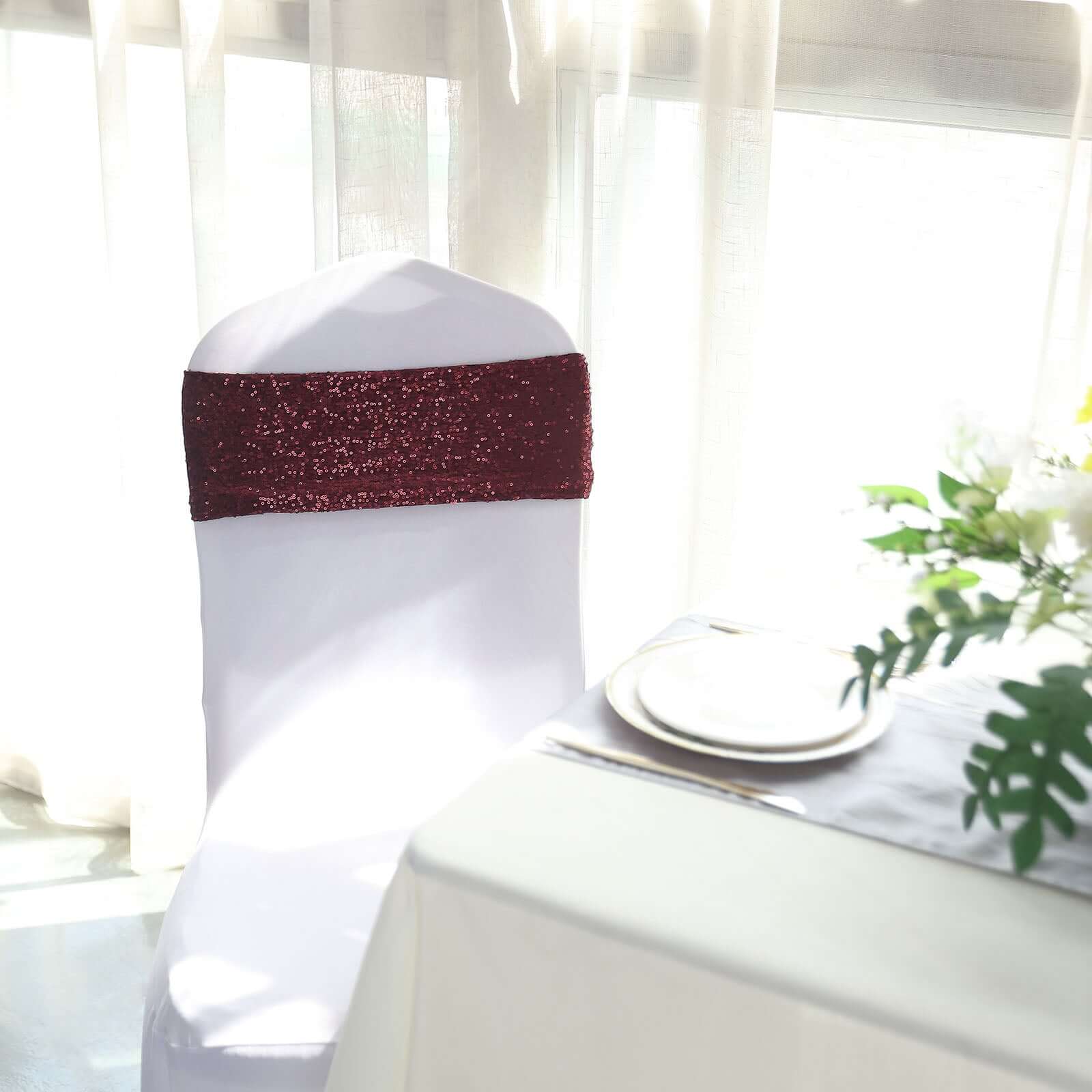 5 Pack Sequin Spandex Chair Sashes Burgundy - Stretch Chair Bands 6x15