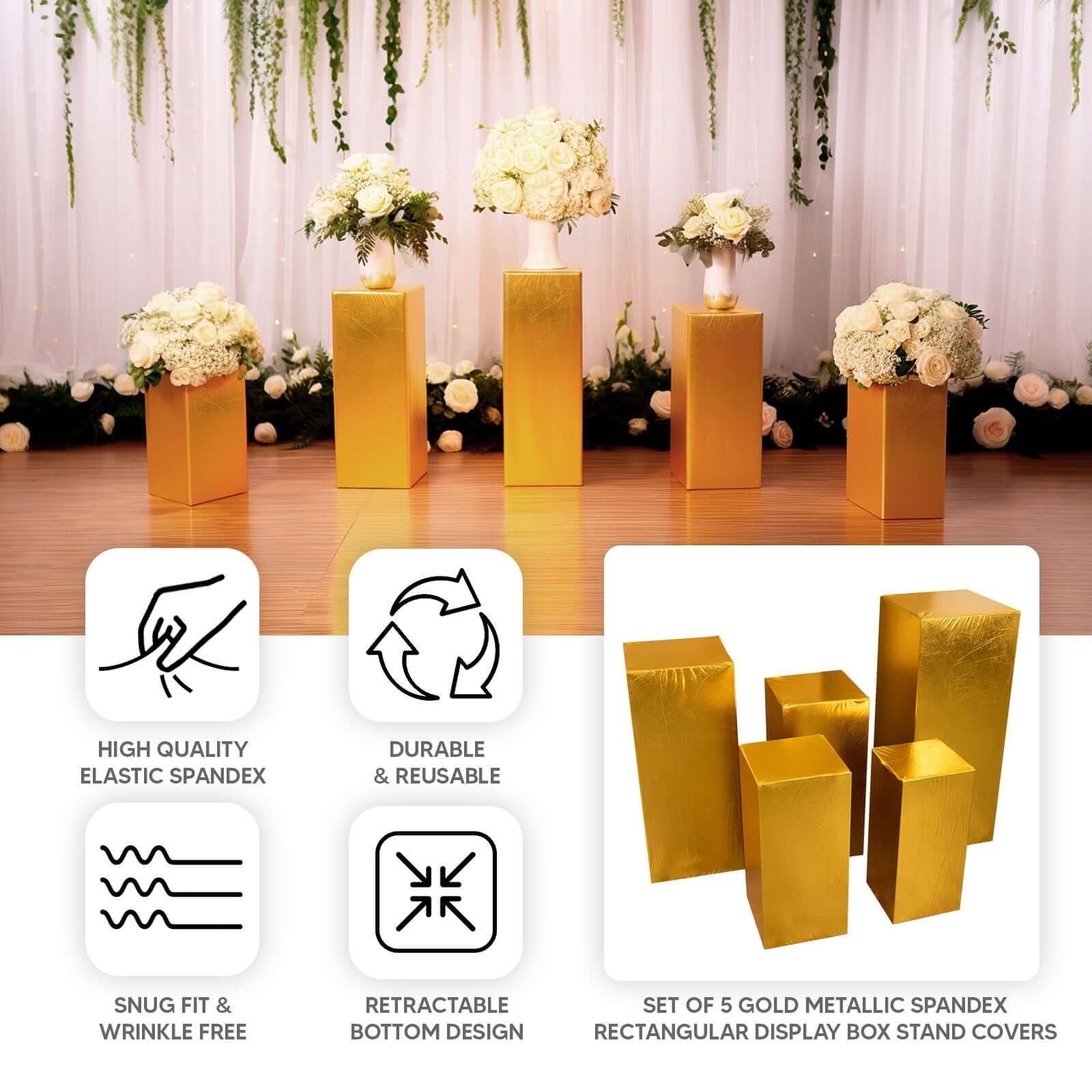 Set of 5 Metallic Gold Spandex Rectangle Pedestal Stand Covers, Stretchable Pillar Prop Covers - 160 GSM