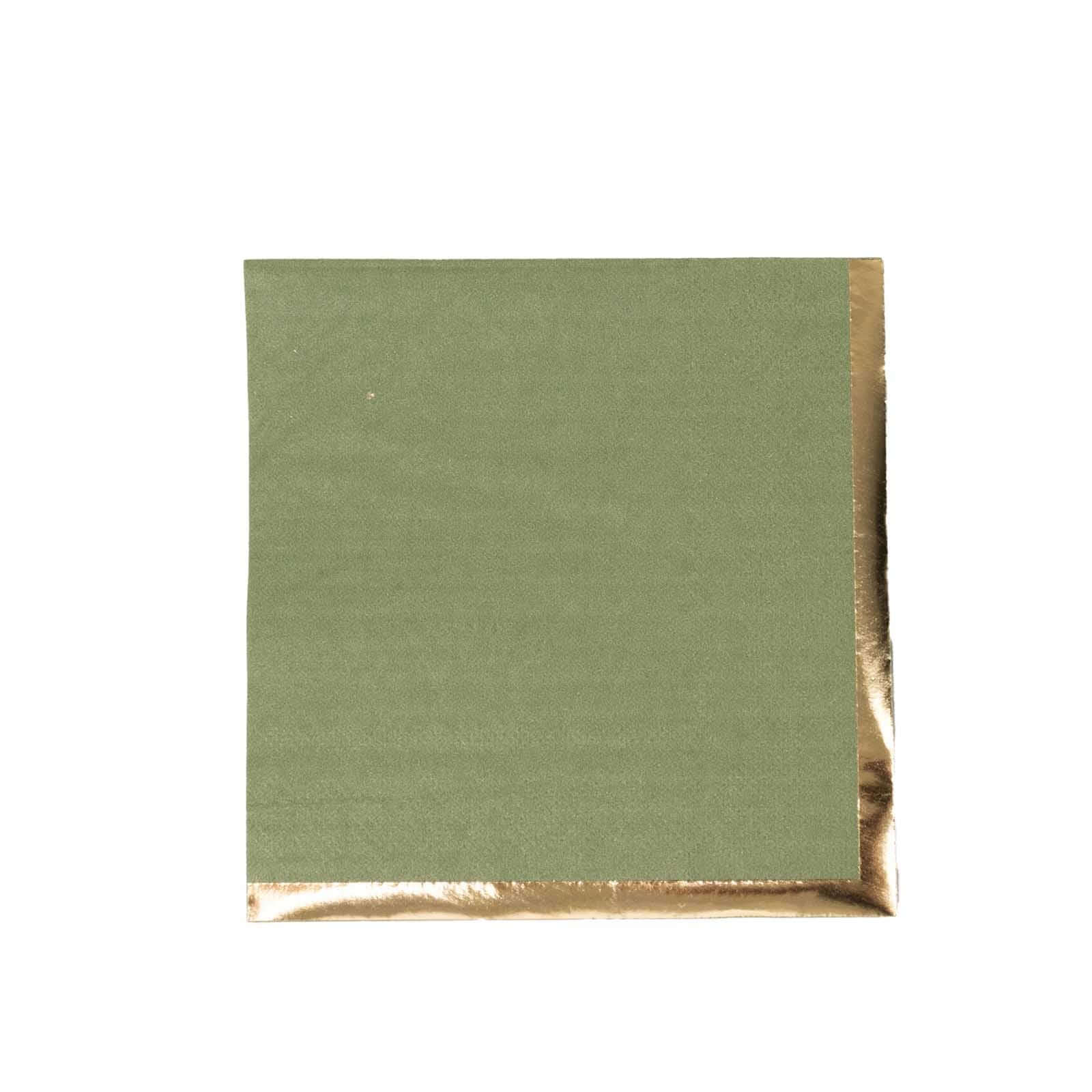 50-Pack Paper Beverage Napkins Olive Green with Gold Foil Edge - 2 Ply Disposable Soft 18GSM Cocktail Napkins 5x5