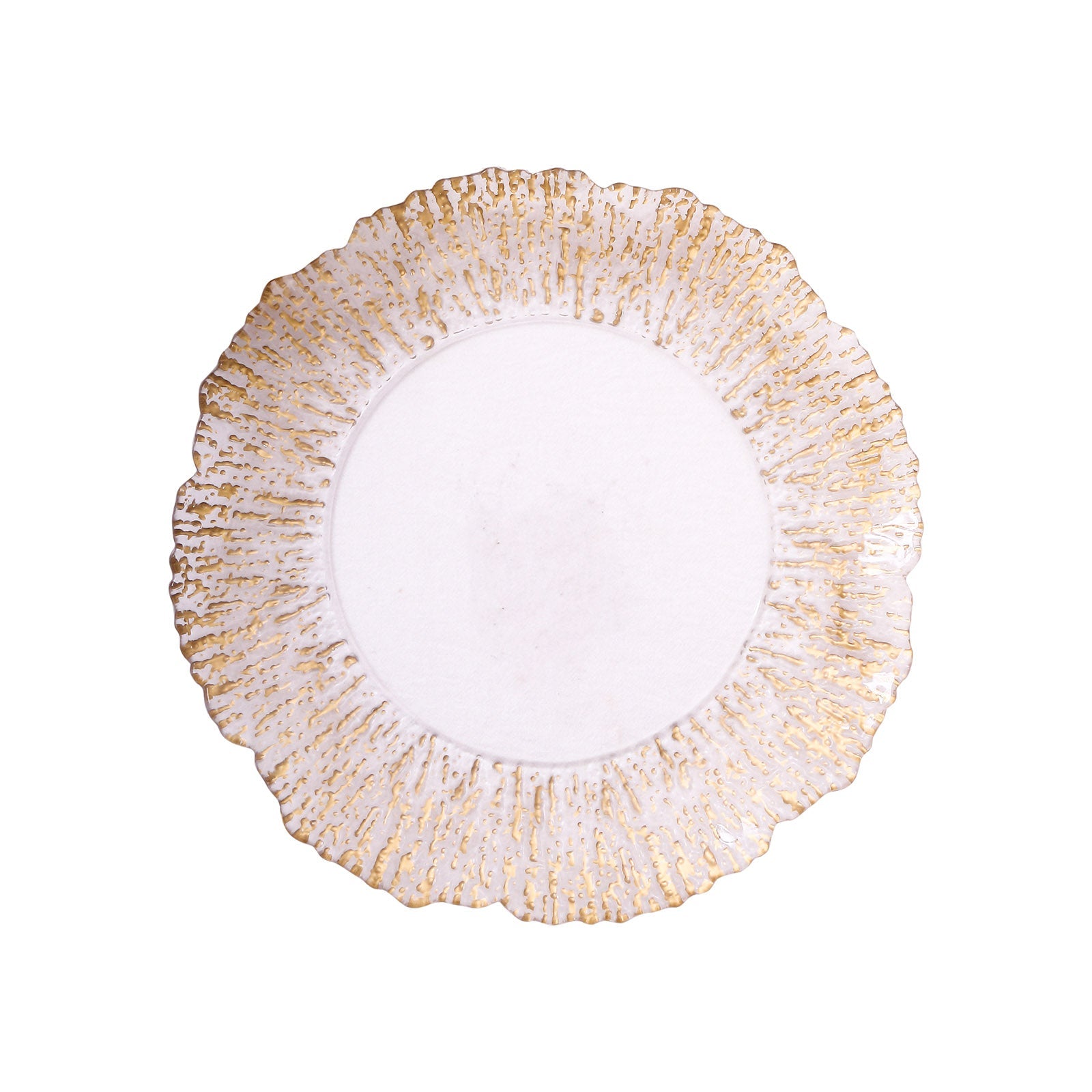 6-Pack Plastic Round Charger Plates 12 in Clear with Gold Brushed Scalloped Reef Rim, Decorative Dinner Party Serving Plates