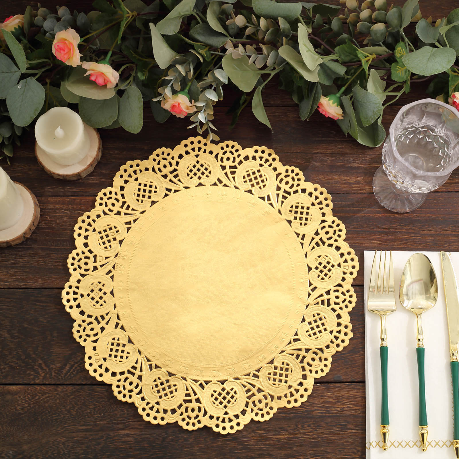 50 Pcs Paper 12 Round Placemats in Gold - Food Grade Lace Paper Doilies for Dessert Display & Table Decor