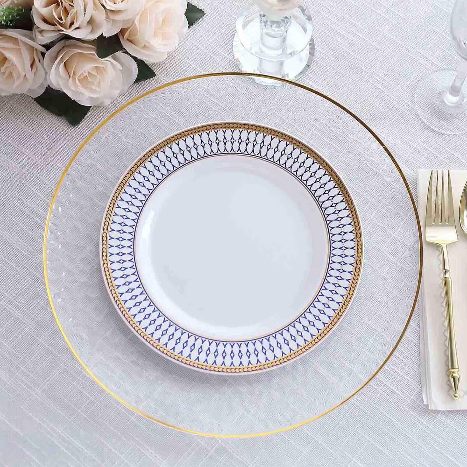 10-Pack Plastic 9 Round Dinner Plates in White with Gold Navy Blue Chord Rim - Renaissance Style Disposable Plates for Events & Banquets