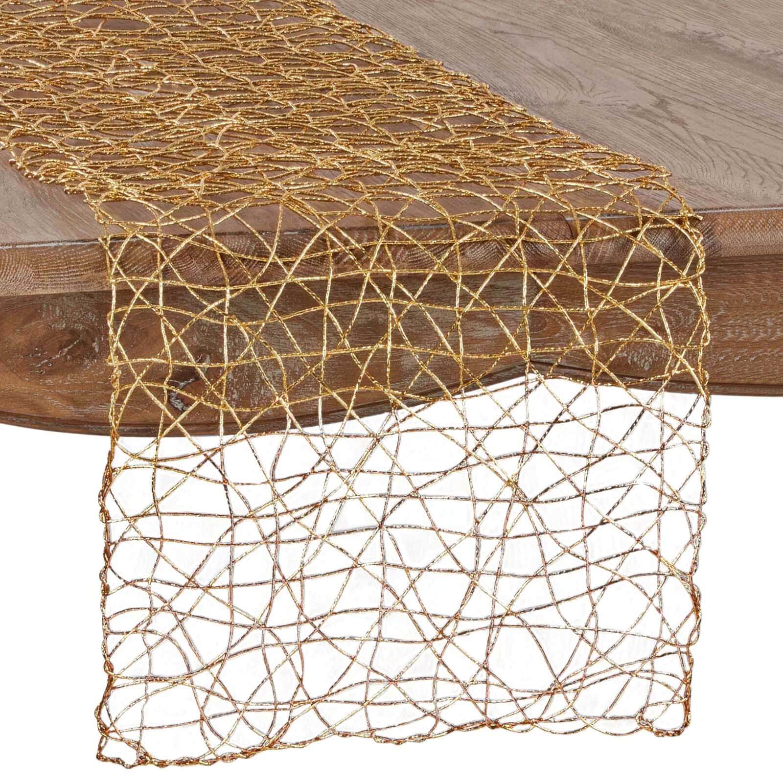 16x72 Gold Wire Nest Table Runner, Metallic String Woven Runner