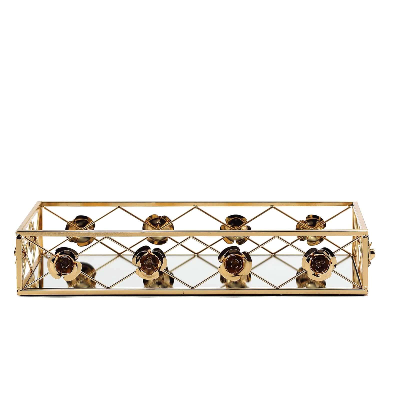 Set of 2 Metal Mirrored Rectangle Serving Trays in Gold with Rose Borders, Glamorous Decorative Vanity Tray Centerpiece 15x8, 19x12